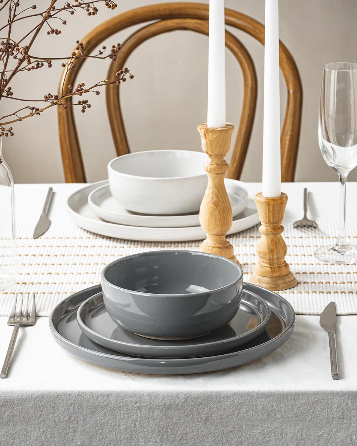 Famiware Milkyway Plates and Bowls Sets, 12 Pieces Stoneware Dinnerware Sets, Dishes Set for 4, White & Dark Gray