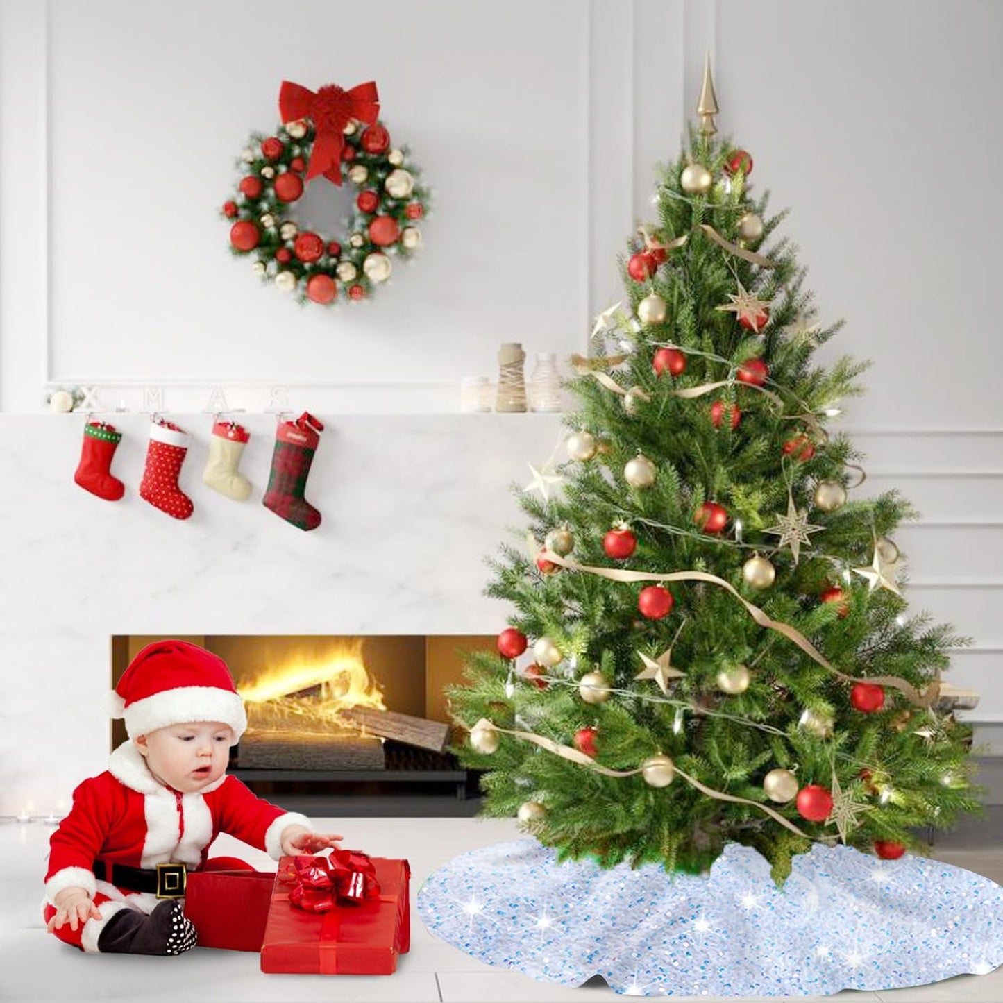 MODFUNS Sequin Christmas Tree Skirt Iridescent White Sparkle Tree Skirt 46 Inch Velvet Xmas Tree Mat Thick Bling Tree Skirt Christmas Decoration Shimmer Tree Cover Skirt for Merry Christmas Party