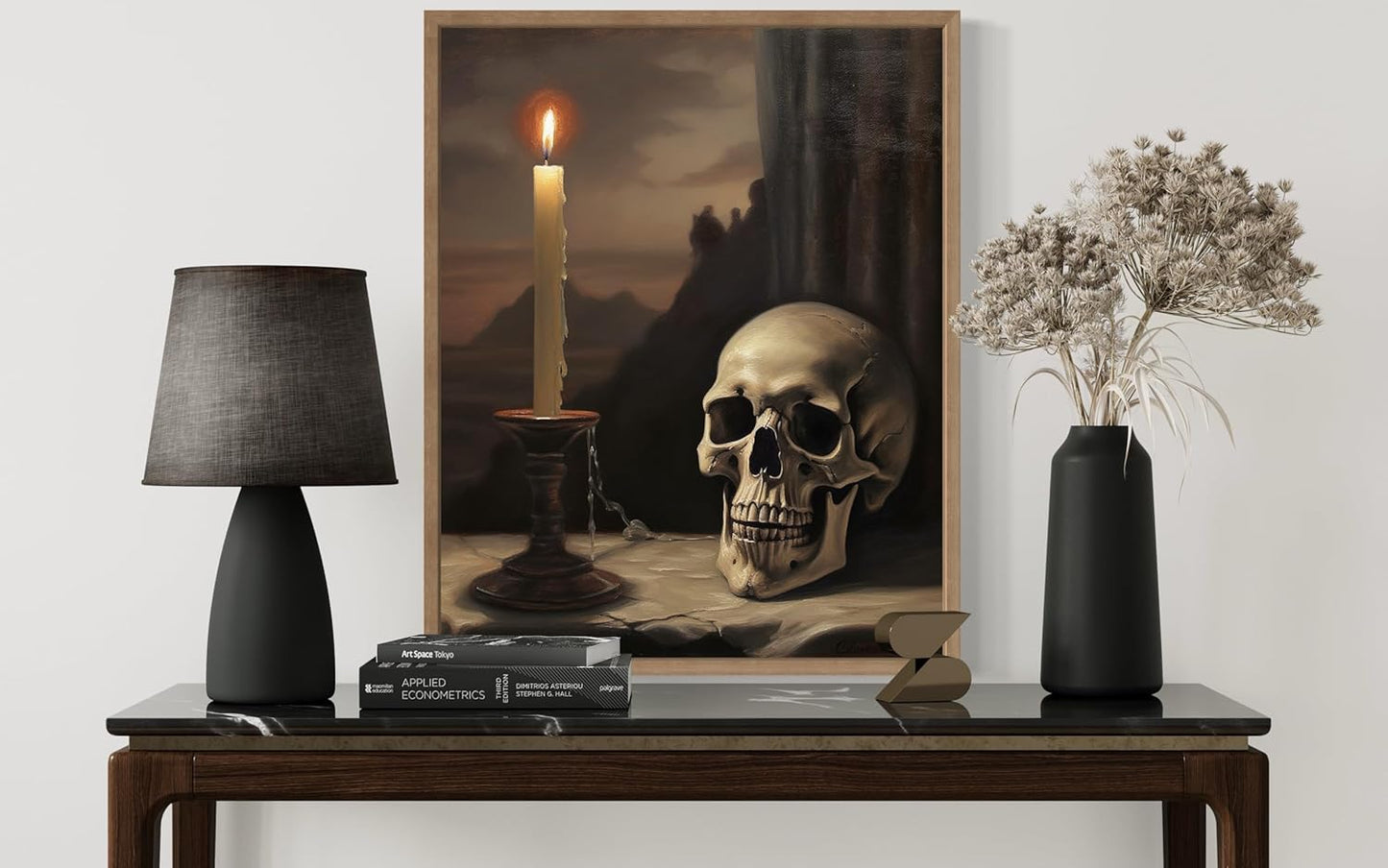 Skull and Candle Poster Art Print, Halloween Scary Vintage Wall Art Academia Spooky Painting Decoration for Horror Prints, Gothic Posters Bedroom Decor 89 (Skull and Candle, 11 x 14 inches, Wood Frame)