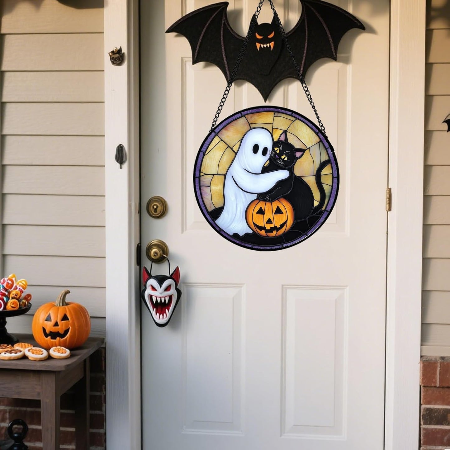 Stained Glass Window Hanging - Halloween Decorations Cute White Ghost Black Cat Suncatcher for Doors Garden Spooky Sun Catchers Gothic Decor Horror Gifts for Women Men Friend Boy 7.8 in