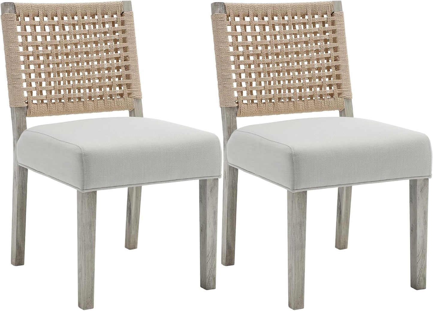 Kmax Farmhouse Dining Chairs Set of 2, Rustic Kitchen Chairs with Linen Fabric Seat and Woven Back, Vintage Accent Chairs for Dining Room, Living Room, Ivory