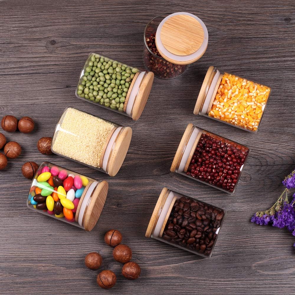 Glass Jars Set,Upgrade Spice Jars with Wood Airtight Lids and Labels, 6oz 12 Piece Small Food Storage Containers for Home Kitchen, Tea, Herbs, Sugar, Salt, Coffee, Flour, Herbs, Grains…
