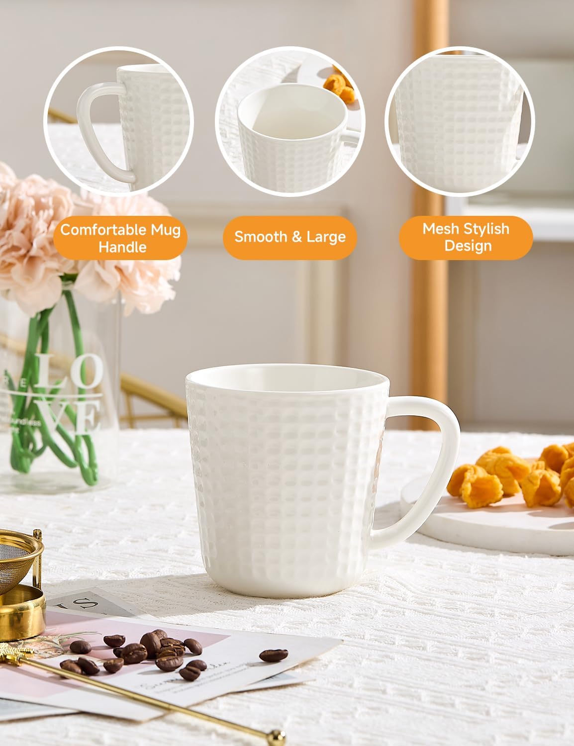 Ceramic Coffee Mugs 15 oz, Large Waffle Embossed Mug Set, Coffee Cups for Latte, Cappuccino, Cocoa, Hot Tea, Mocha, Milk, Housewarming Wedding Present, Microwave & Dishwasher Safe - Set of 6 (White)