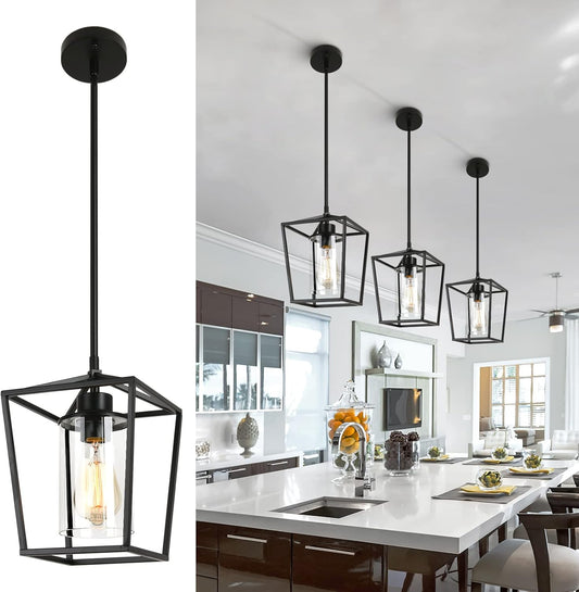 1-Light Black Pendant Light Fixture Farmhouse Iron Cage Metal Pendant Light Lantern Hanging Light Fixtures with Clear Glass Shade for Kitchen Island, Entryway, Dining Room, Hallway 5.9*5.9*8.27IN