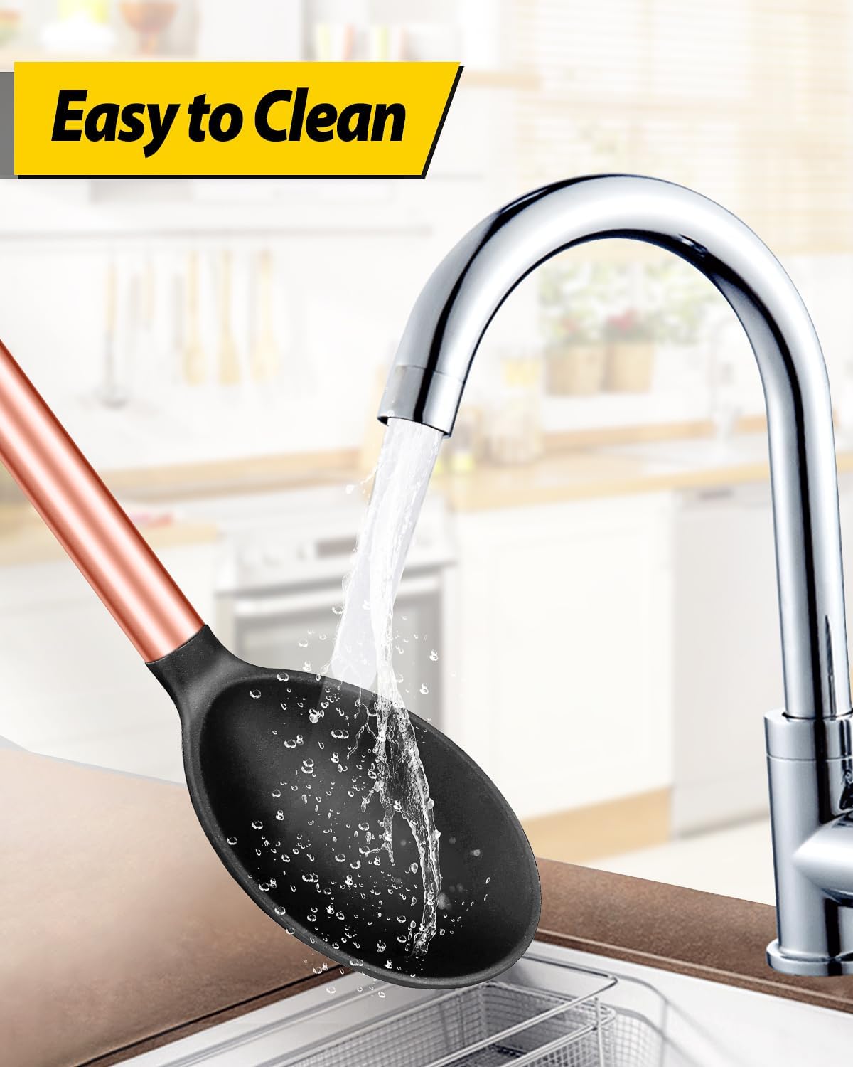 Pack of 2 Large Silicone Cooking Spoons,Non Stick Solid Basting Spoon,Heat-Resistant Kitchen Utensils for Mixing,Serving,Draining,Stirring (ROSE GOLD BLACK)