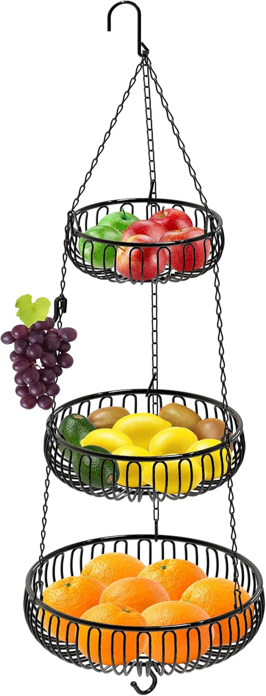Simple Houseware Adjustable Metal Hanging Fruit Basket, Oblate, Black, 11" W x 11" L x 30" H