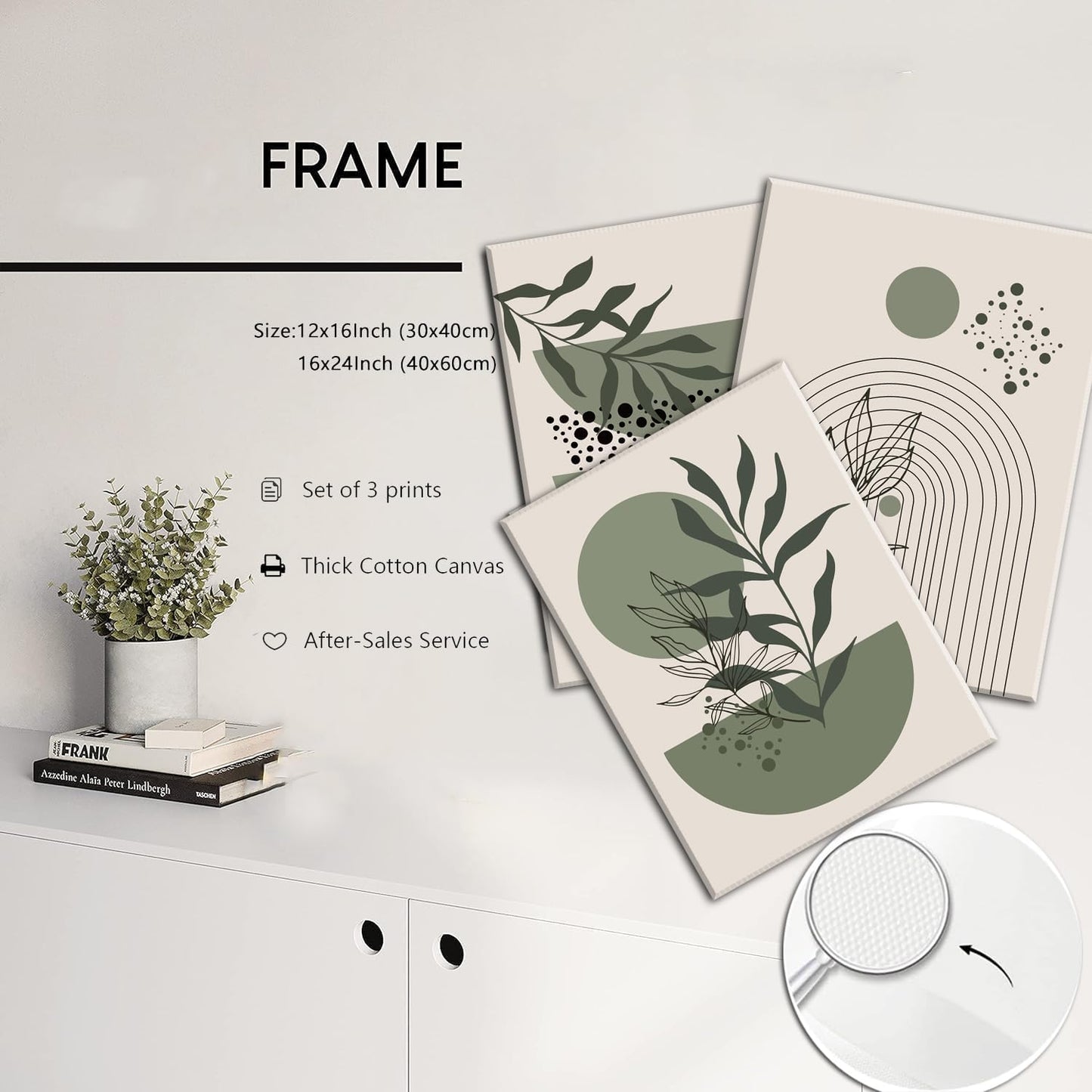 Sage Green Boho Wall Art Set of 3 Abstract Minimalist Geometric Line Poster Green Botanical Leaf Canvas Prints Modern Artwork Painting Decor for Living Room Bedroom Office 12x16 in Framed
