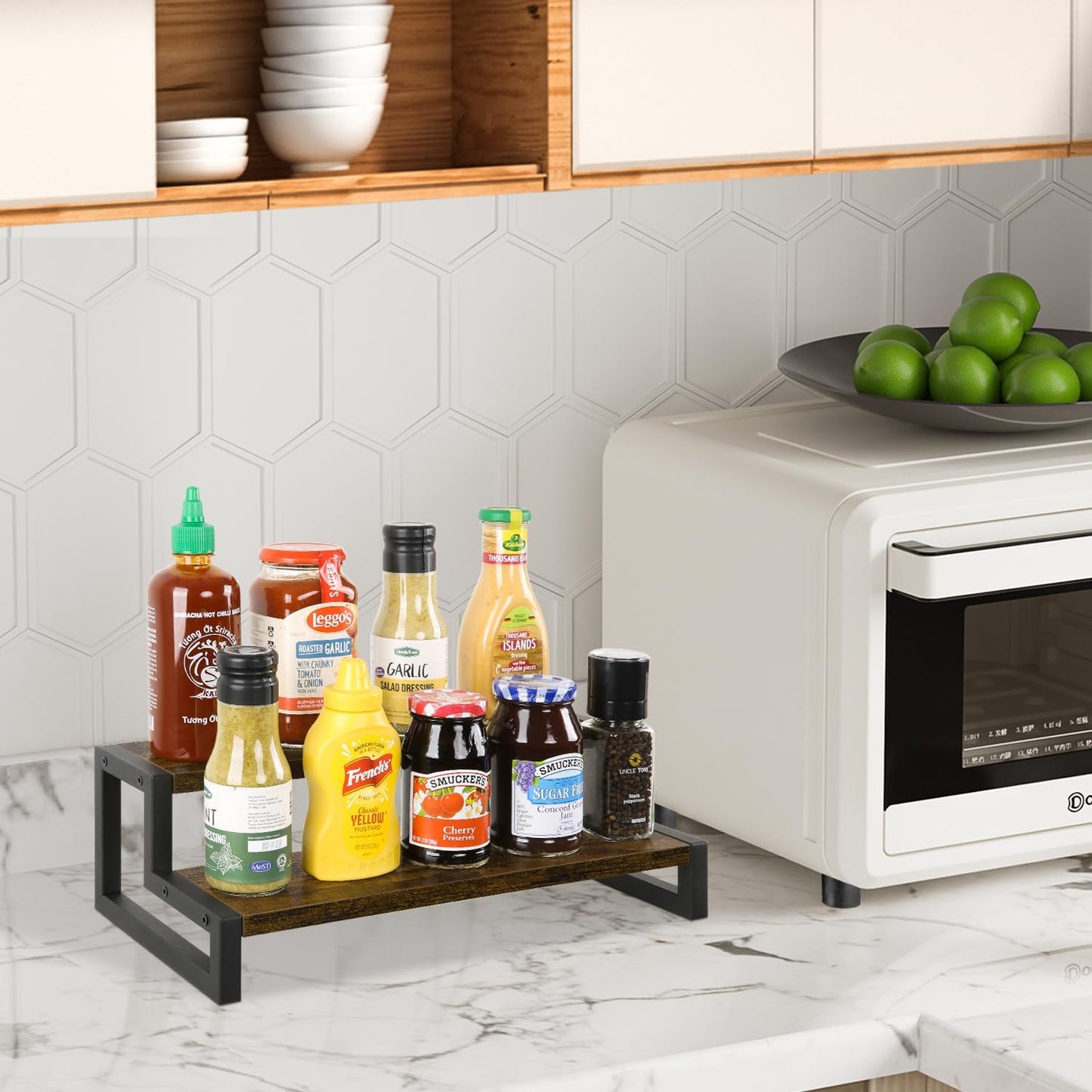 YINMIT Spice Rack Organizer for Countertop, 2 Tier Kitchen Counter Shelf, Wooden Tiered Display Stand Riser Shelf