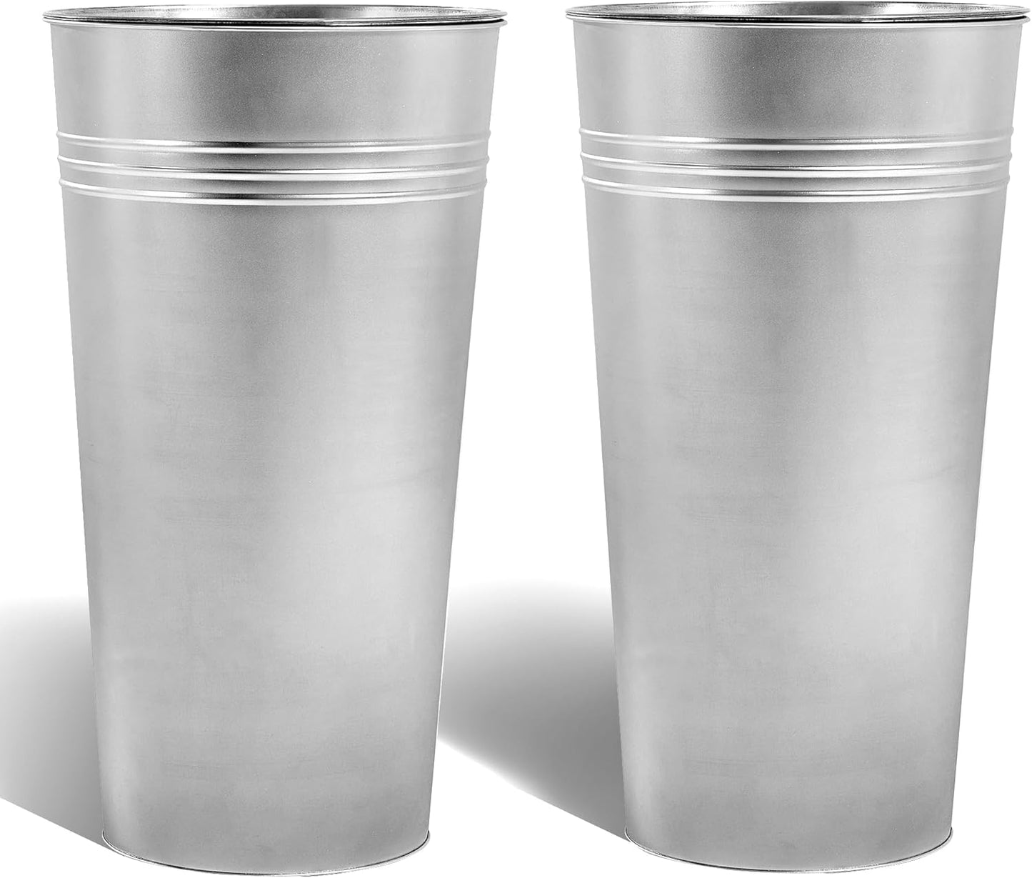 KOL 28'' Tall Galvanized Steel Planter Pot - Flower Pot with Water Level Indicator for Plants - 2-Pack Self Watering Planters - Round Silver Powder Metal Planter Box - Indoor Outdoor Grande Plant