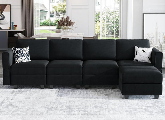 Belffin Modular Sectional Sofa Couch with Reversible Chaise Velvet L Shaped Couch Sofa with Storage 4-seat Convertible Sectional Sofas Black