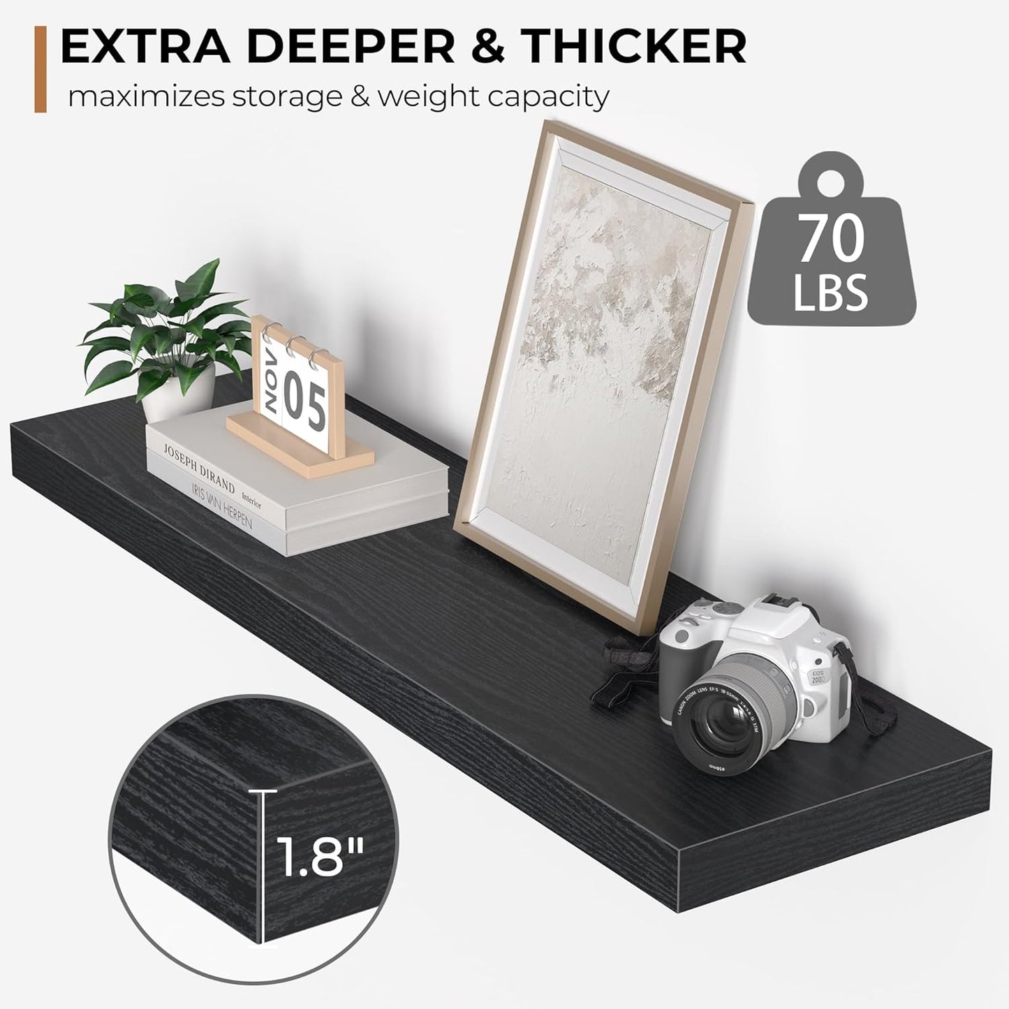 Floating Shelves - 10.3 Inch Deep Wall Shelf for Decor & Storage - Wall Mounted Display Shelving with Invisible Heavy-Duty Metal Bracket - 36" W x 10.3" D x 1.8" H - Set of 1 - Rustic Black