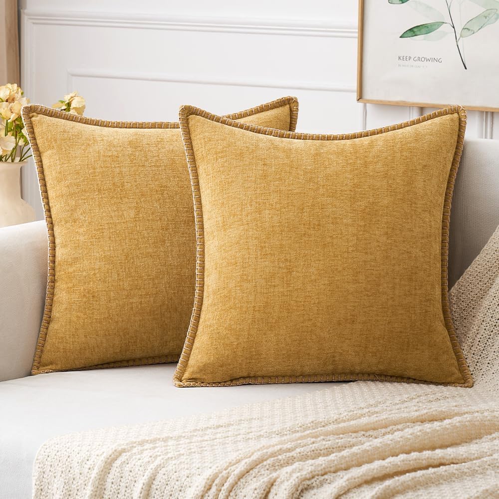 MIULEE Pack of 2 Couch Throw Pillow Covers 16x16 Inch Gold Farmhouse Decorative Pillow Covers with Stitched Edge Soft Chenille Solid Dyed Fall Pillow Covers for Sofa Bed Living Room