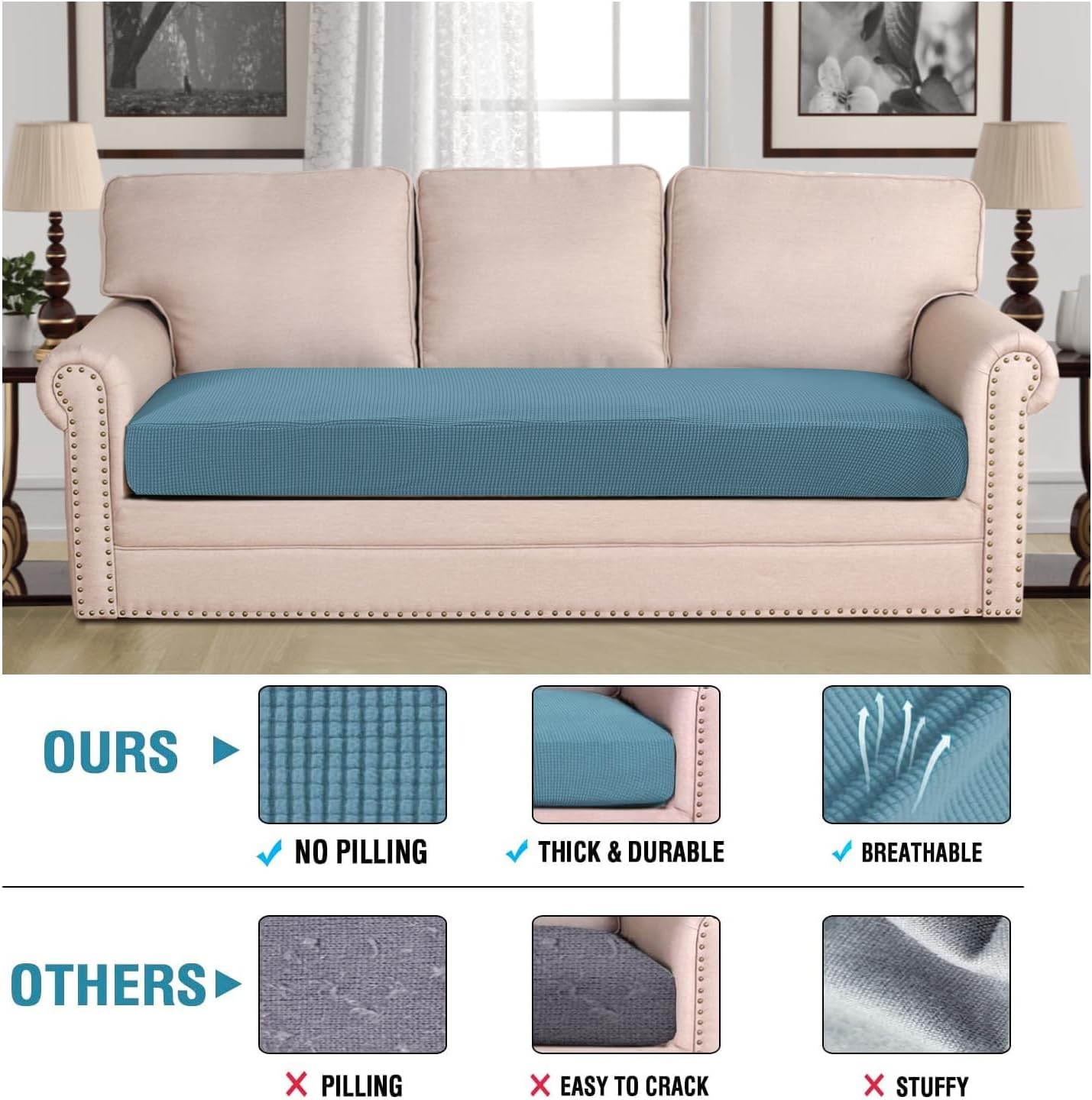 H.VERSAILTEX Super Stretch Individual Seat Cushion Covers Sofa Covers Couch Cushion Covers Slipcover Sets Thick Jacquard Textured Twill Fabric (1 Piece Sofa Cushion Cover, Storm Blue)