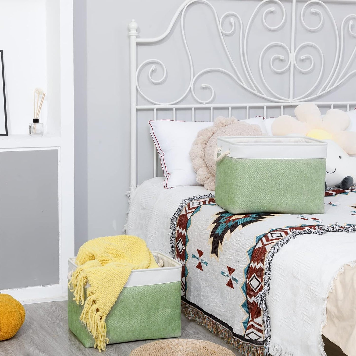 Bidtakay Baskets Fabric Closet Organizer Set of 2 Green Collapsible Storage Bins with Handles 16x12x12 in Large Decorative Tall Baskets for Shelves Nursery Baby Toys Storage Living Room Decor