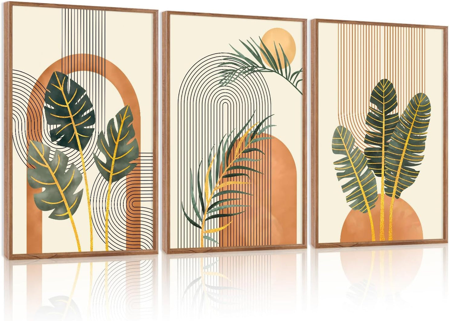 KAIRNE Boho Canvas Wall Art,Abstract Minimalist Room Decor,Tropical Botanical Wall Decor,Mid-Century Geometric Illustrations Set of 3(16”X24”),Botanical Print for Living Room Bedroom Dining Room Decor