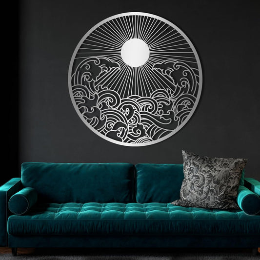 flyoak Metal Sun Wall Decor Outdoor, Sunrise Metal Wall Art, Metal Wave Wall Art, Sunrise and Wave Wall Decor, Sunburst Wall Art, Sunset Wall Art, Wall Hangings for Bedroom (Silver, 24x24in|60x60cm)