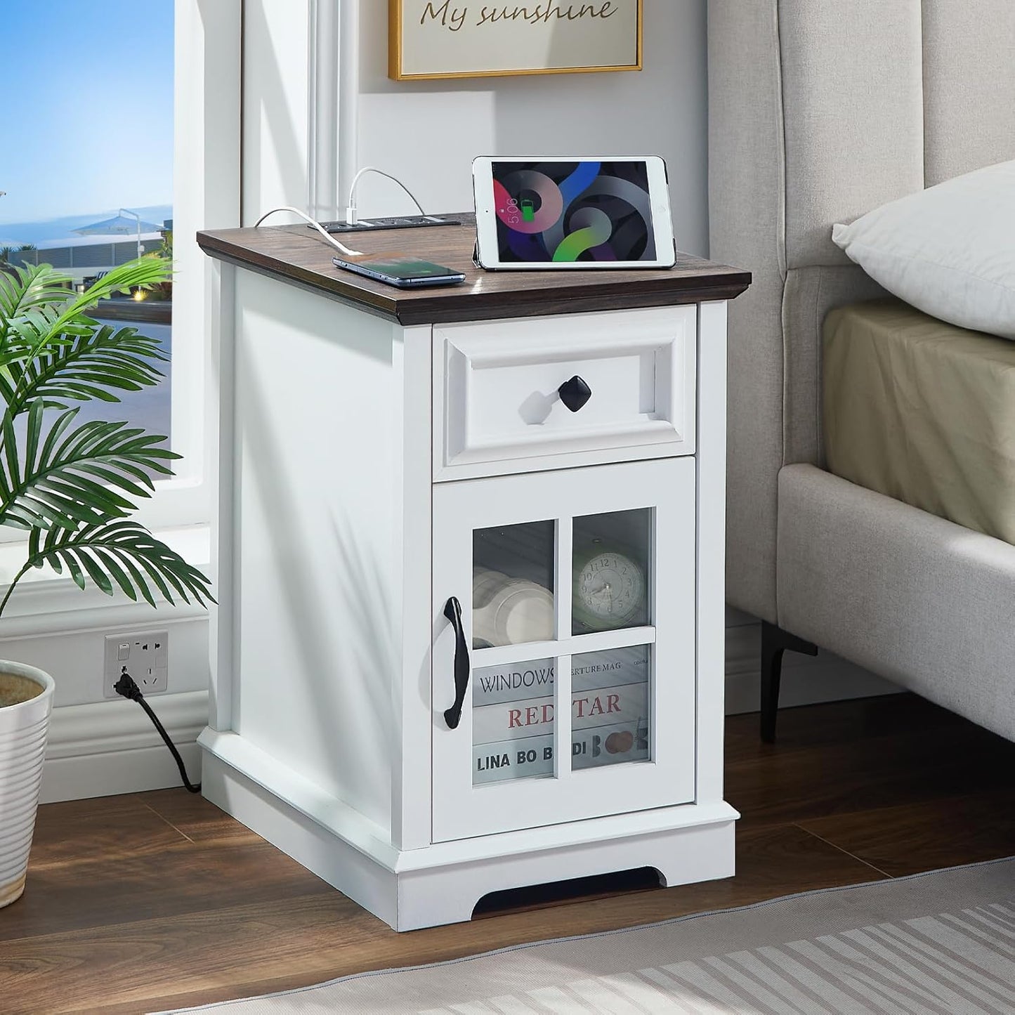 Farmhouse XXL End Table with Charging Station, Side Table with USB Ports and Outlets, Nightstand with Drawer and Glass Door Storage, White Bedside Tables for Living Room, Bedroom, Office