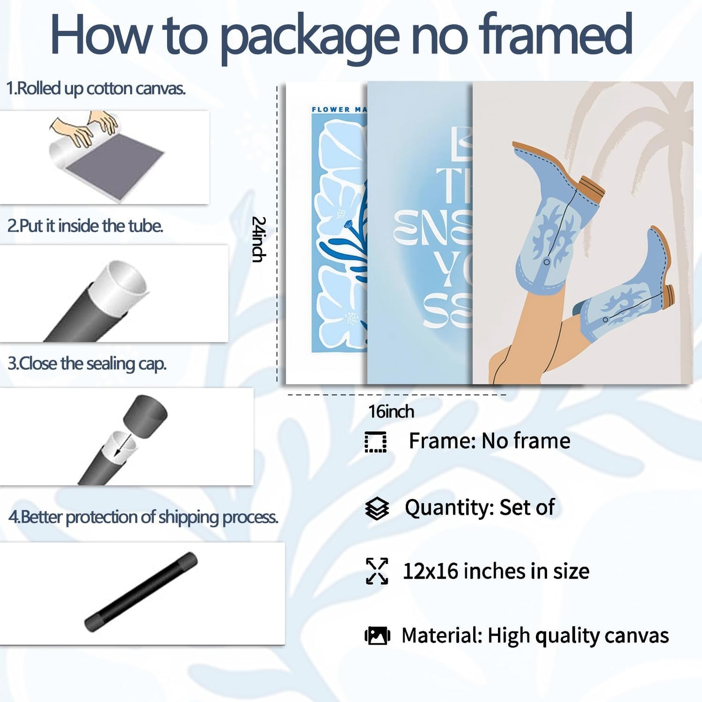 Blue Preppy Canvas Wall Art Posters Set of 3 Trendy Cowgirl Boots Home Decor Flower Market Painting Prints Coastal Aesthetic Picture for Girls Bedroom Bathroom Living Room Dorm 12x16Inch Unframed