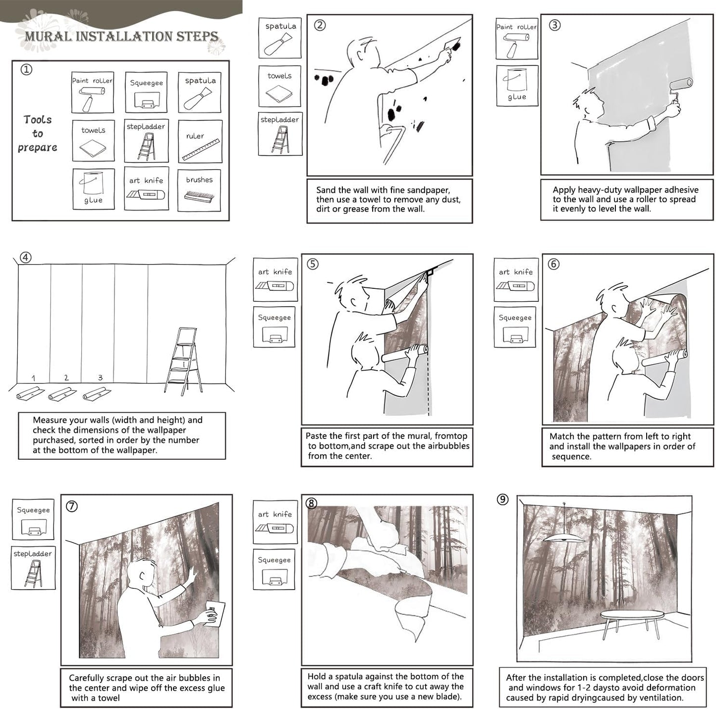 AFZEVEB-Forest Wallpaper Vintage Trees with Deer Wall murals for Bedroom 136"x96" (Not Peel and Stick)