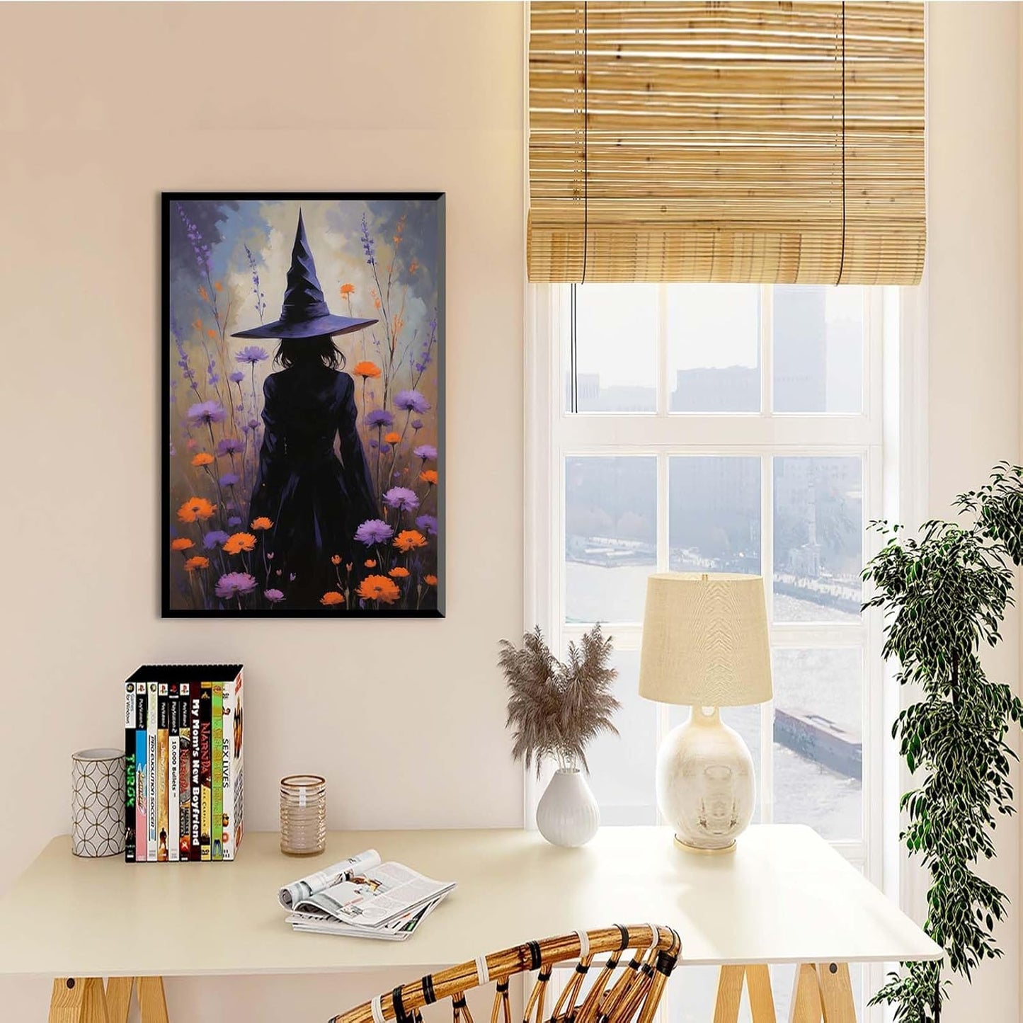 JFHCQJPK Country wildflower witch canvas print halloween mashup art witch purple decoration bohemian elegant art poster8x12in Metal blackFramed