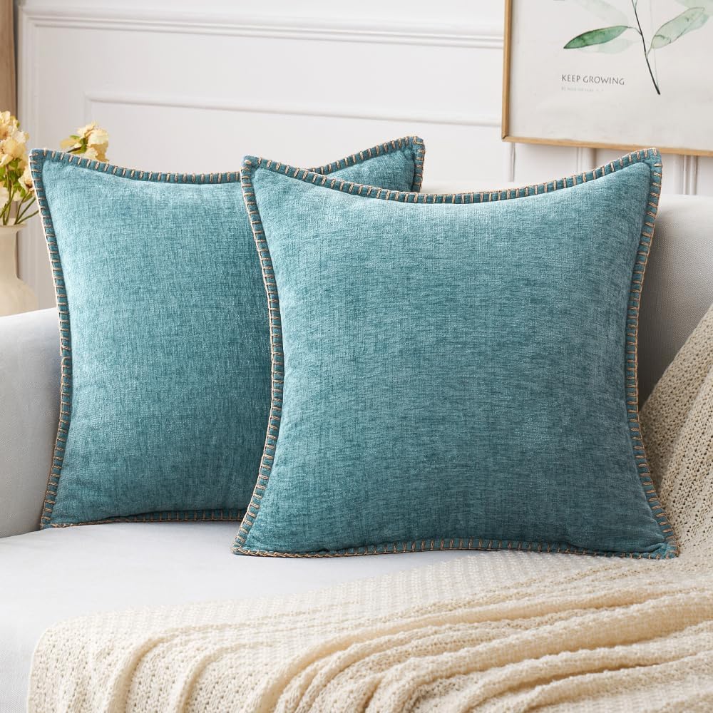 MIULEE Pack of 2 Couch Throw Pillow Covers 20x20 Inch Smoke Blue Farmhouse Decorative Pillow Covers with Stitched Edge Soft Chenille Solid Dyed Spring Pillow Covers for Sofa Bed Living Room