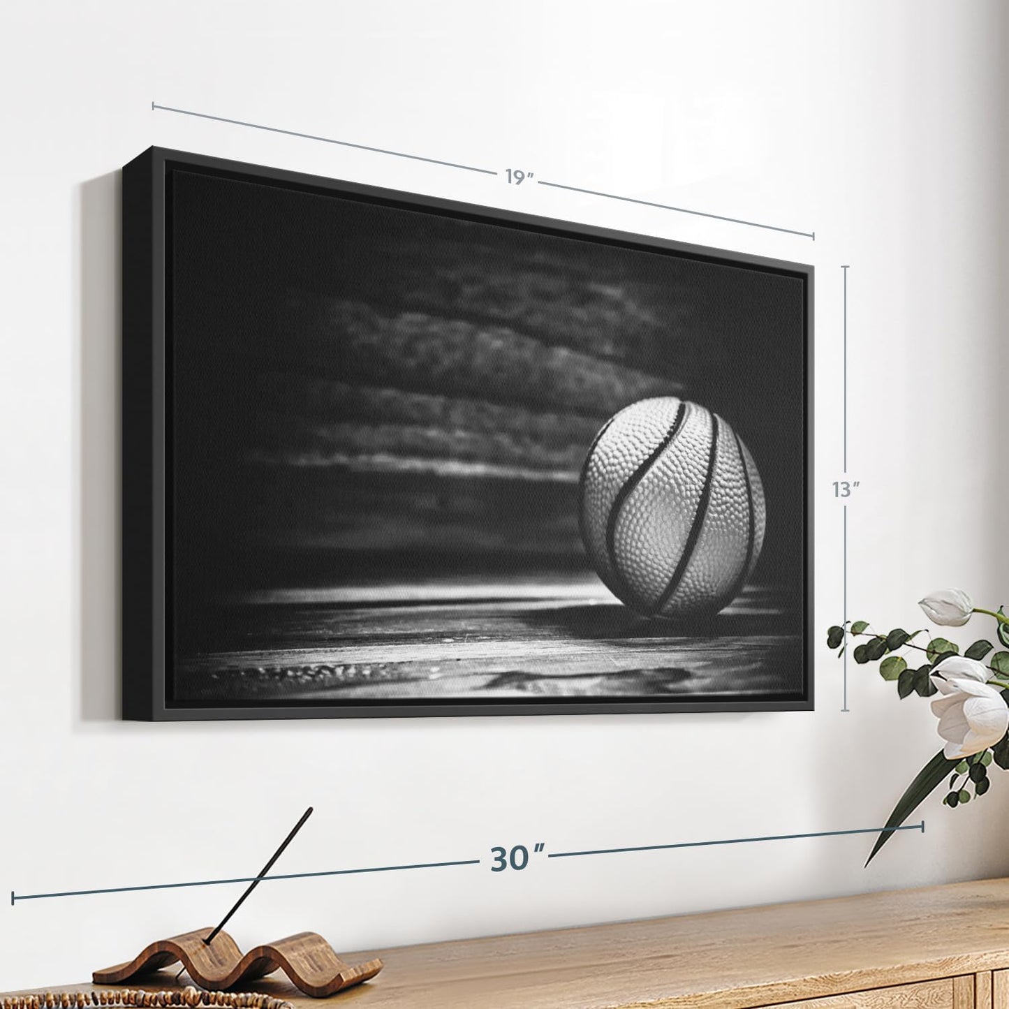 ElephantStock Basketball Wall Art - Horizontal Framed Canvas - 1-Piece Hallway Wall Decor - Photography sports Canvas Print - Black and Gray Decor for Wall - 19" X 13"