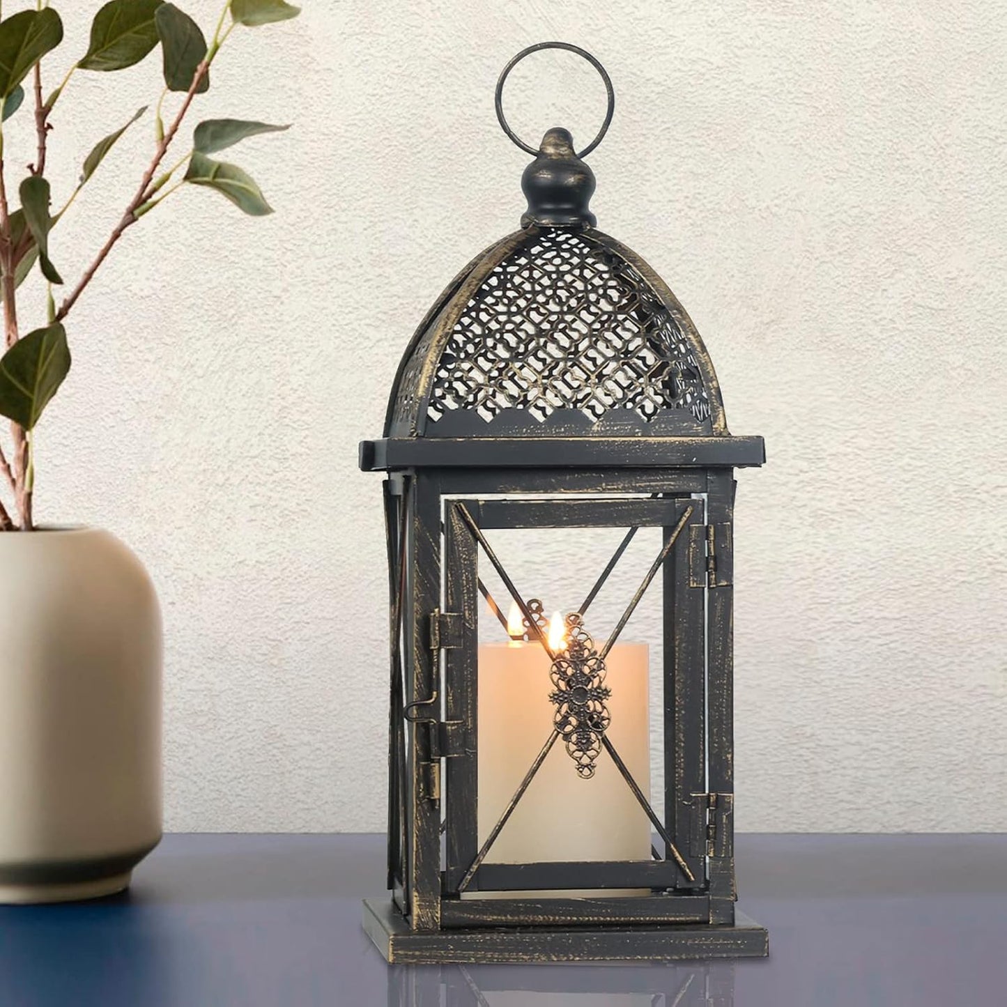 NEEDOMO 14.4" Outdoor Lantern, Large Vintage Lanters Decorative Indoor with Clear Glass, Metal Candle Lantern Decor for Home, Table, Patio, Front Porch, Rustic Farmhouse Wedding Shelf