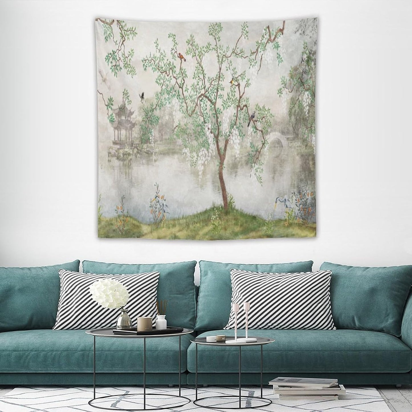 HZOHNAGO Japanese Tapestry Tree Misty Garden Lake Printed Wall Tapestry Ink Painting Wall Hanging for Bedroom Living Room Dorm 60" W x 60" H
