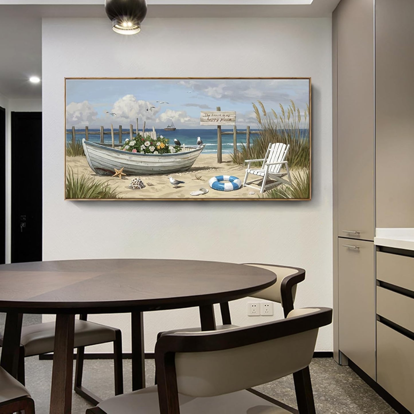 amatop Giant Framed Beach Wall Art Large Nautical Seaside Canvas Print Flower Boat Ocean Horizontal Landscape Picture Sea Birds Artwork for Coastal Farmhouse Living Room Bedroom Office Decor 58×29 Inch