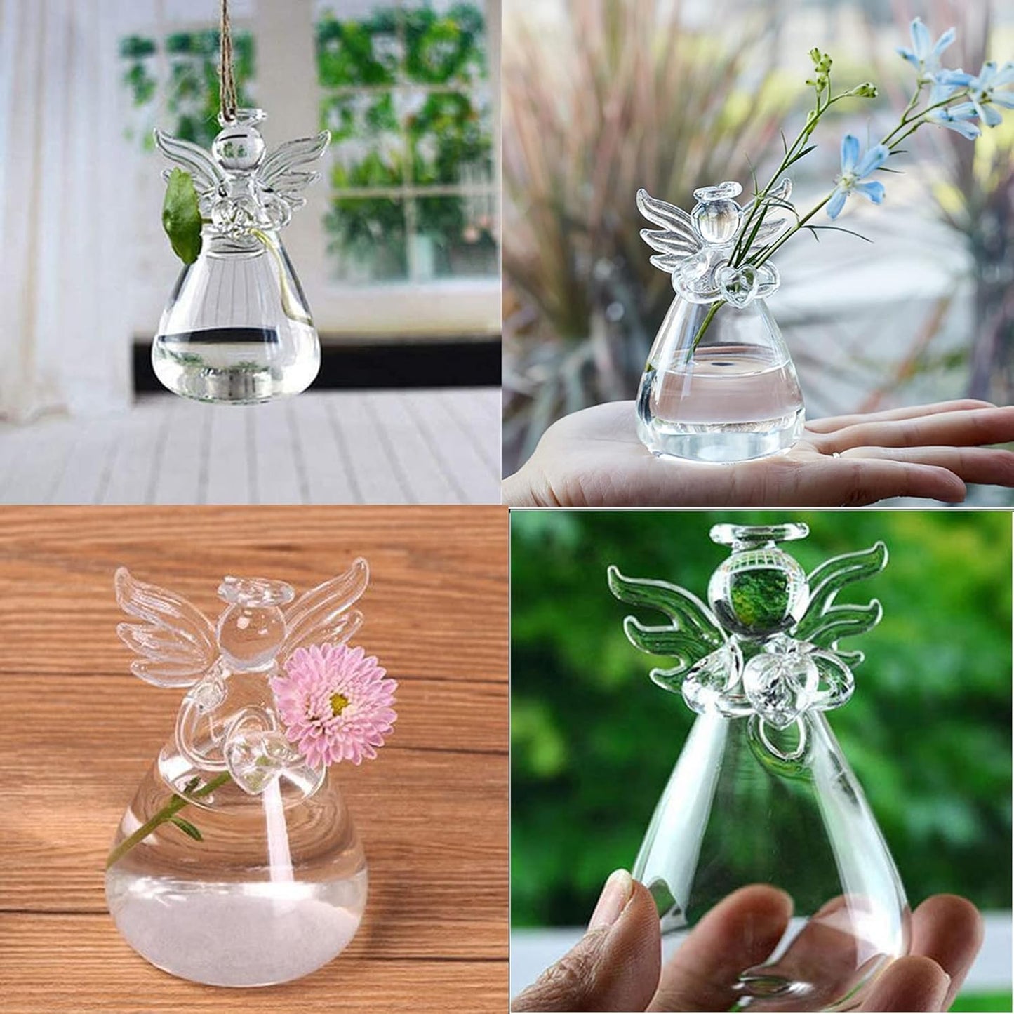 Angel Design Glass Vases Clear Flower Plant Terrarium Container Hanging Vase Wedding Decor Garden Ornaments Hanging Planter (Pack of 10)