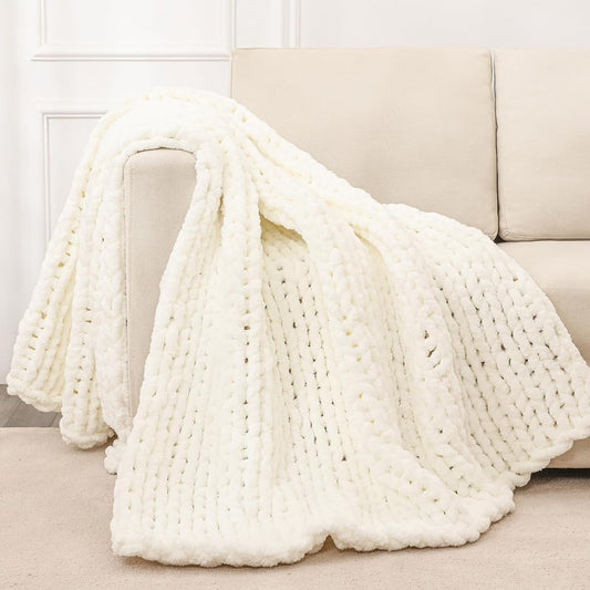 Bigacogo Chunky Knit Throw Blanket for Couch, 51x63 inches, 100% Hand Knitted with Thick Jumbo Chenille Yarn, Cozy Soft Large Rope Knot Cable Crochet Blankets for Sofa Bed Living Room, Ivory