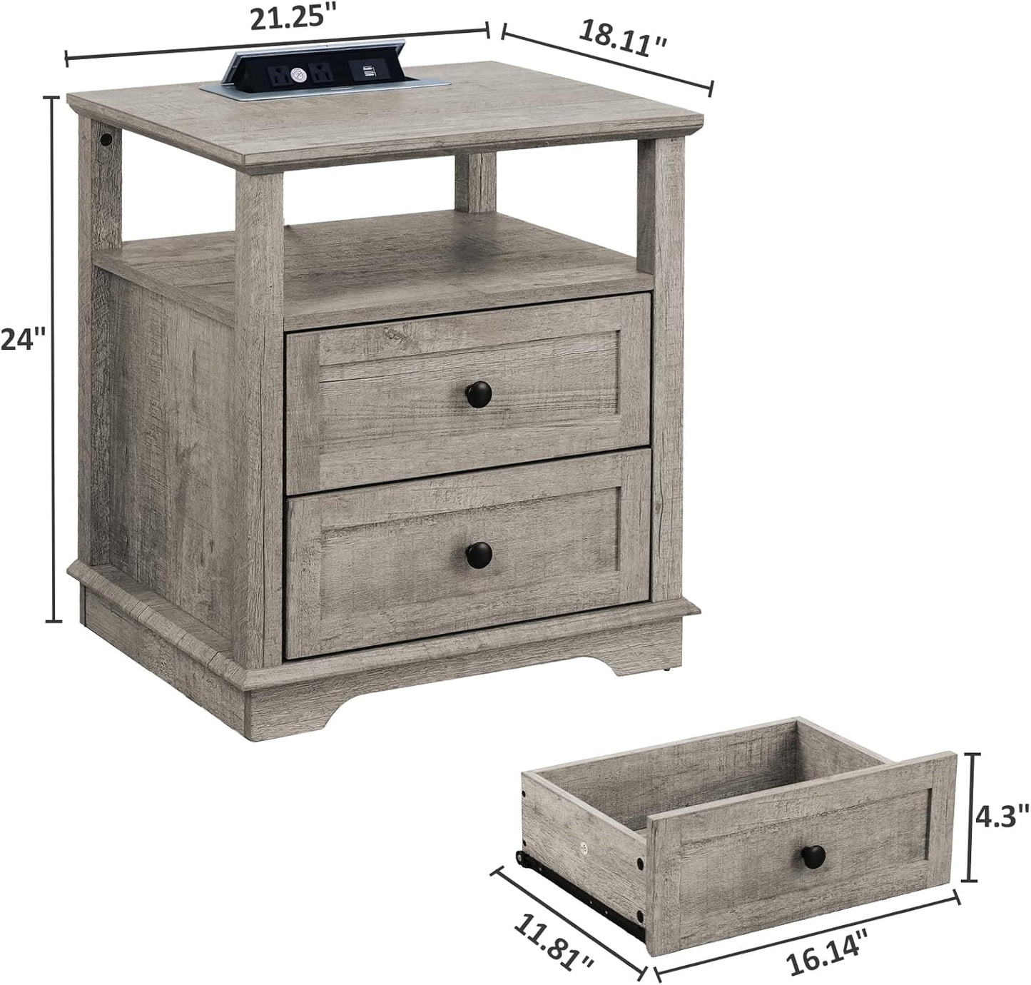 HIFYOBRO End Table with 2 Drawers and Charging Station, Type-C & USB Port & Power outlets, Wooden Storage Cabinet, Large Side Table with Storage for Living Room and Bedroom