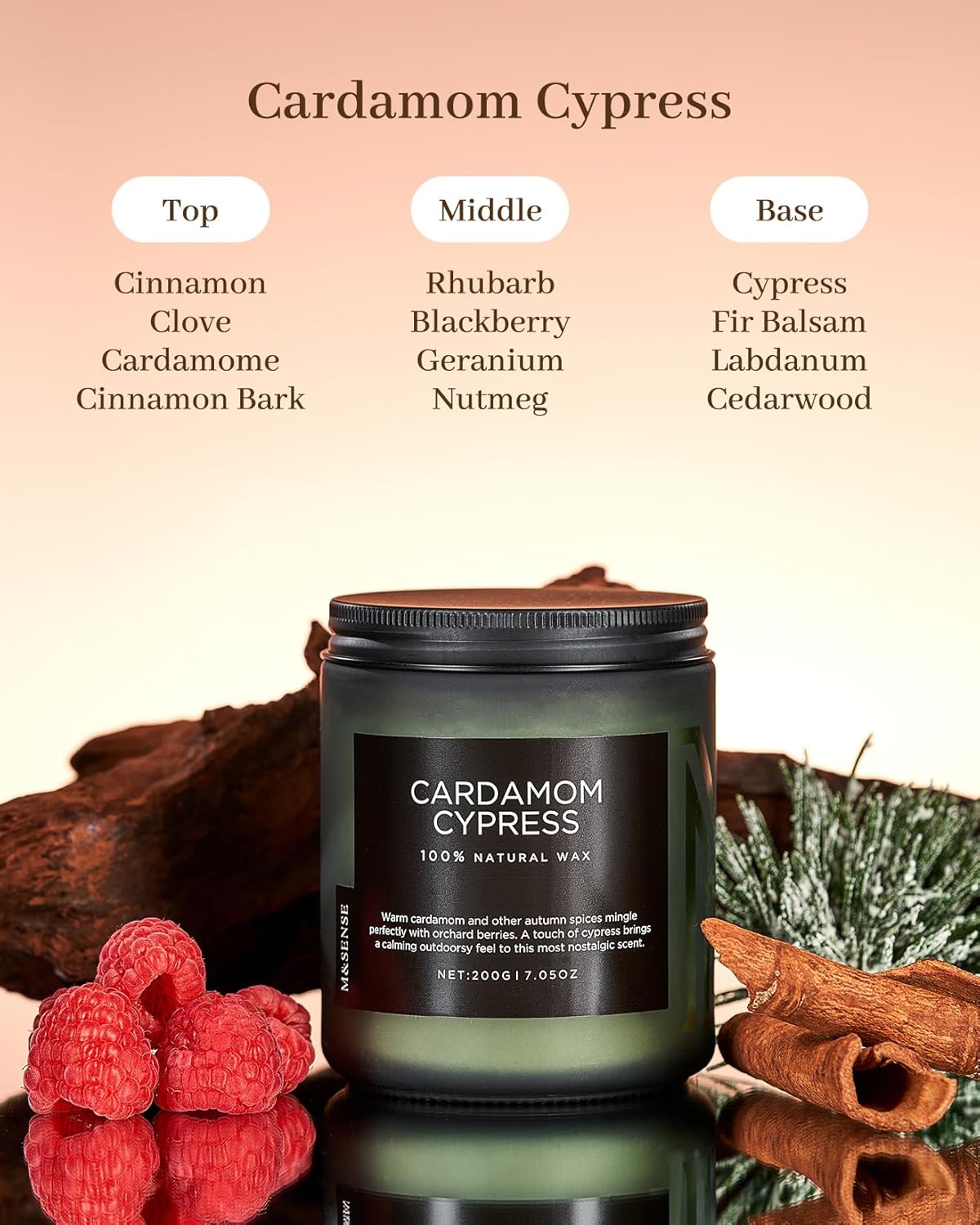 M&SENSE Cardamon & Cypress Single Cotton Wick Natural Soy Wax Autumn Fragrance Candle for Home Decor, Fall Scented Gift for Holiday 7.05oz 50 Hours Burn Clean Non Toxic Candle