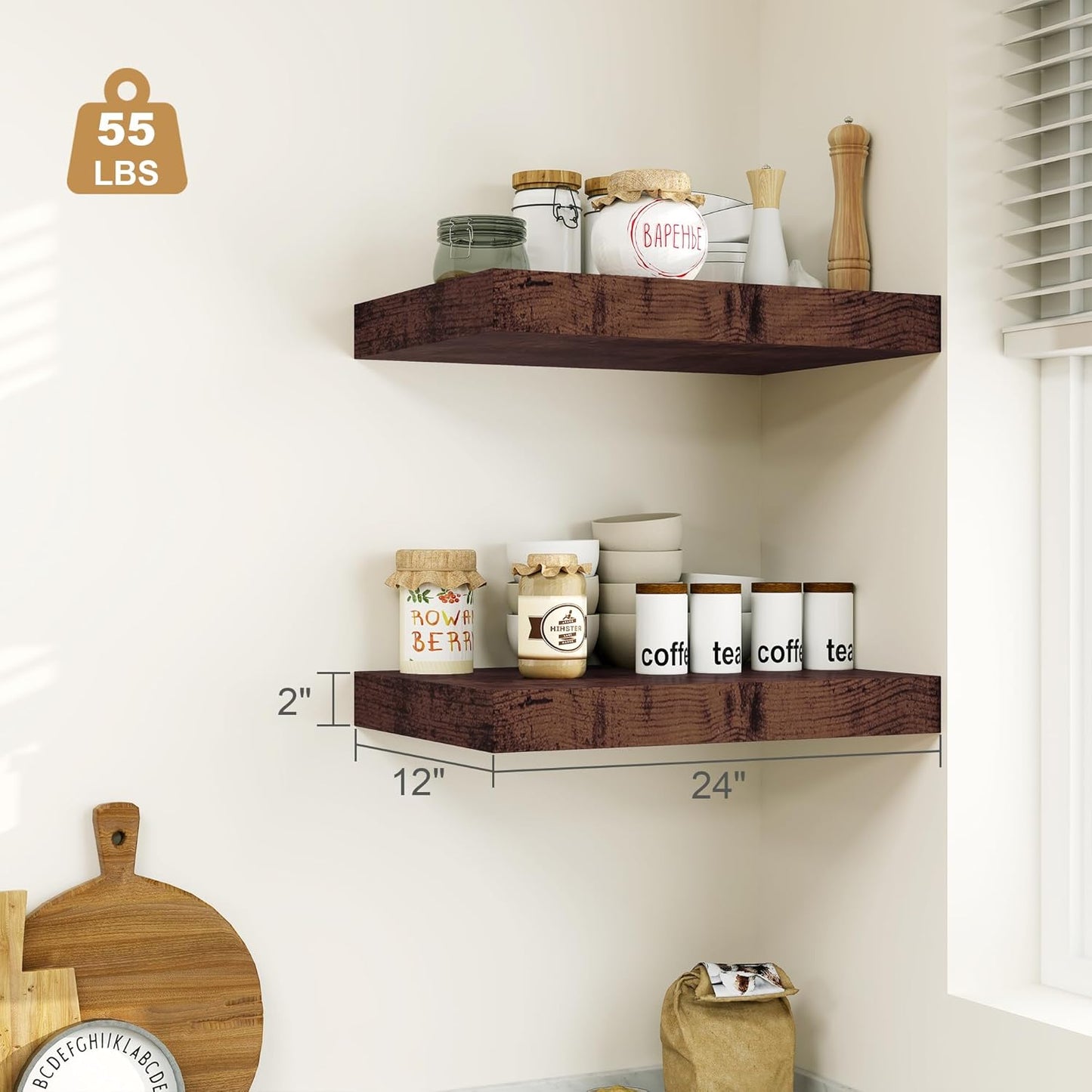 Heimlove Bathroom 12'' Deep Floating Shelves for Wall - Shelf Over Toilet Wall Mounted Farmhouse 24 inches,Wood Floating Shelves Decor & Storage Set of 1,Rustic Brown