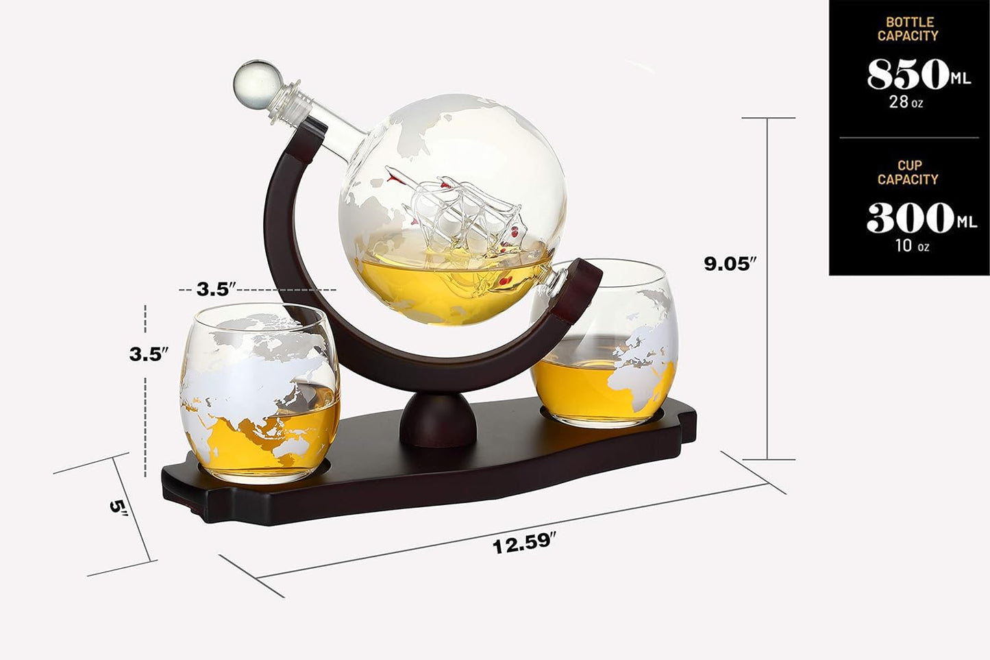 Whiskey Globe Decanter Set with 2 Etched Globe Glasses in Gift Box - Home Bar Accessories for Liquor, Whiskey, Brandy, Gin, Rum, Tequila, Vodka, and Brandy