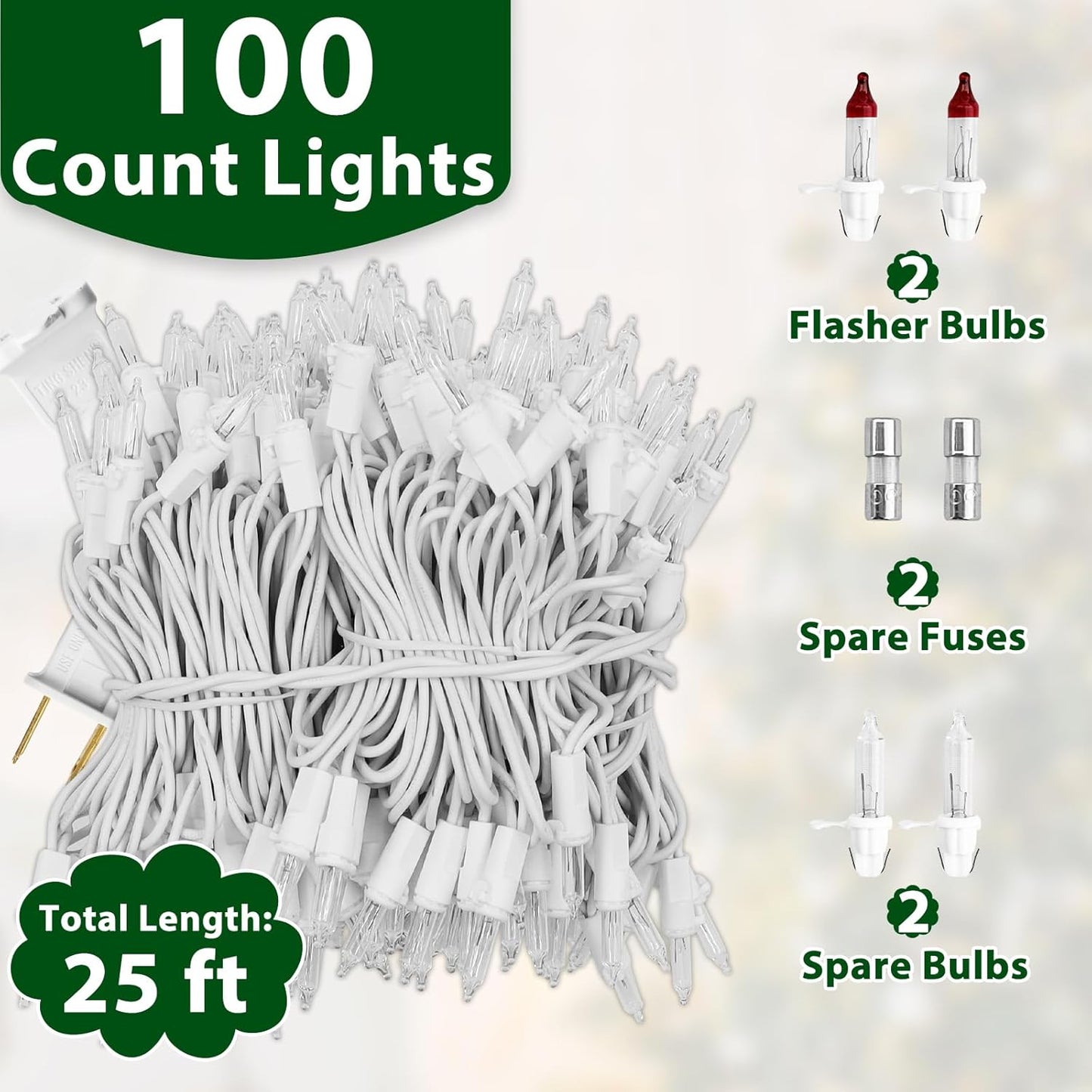 Clear Christmas Lights 25FT 100 Incandescent Bulbs Warm White Mini Lights with White Wire for Christmas Tree, Garland, Thanksgiving, Wedding, Party, Home, Indoor & Outdoor Festival Decoration