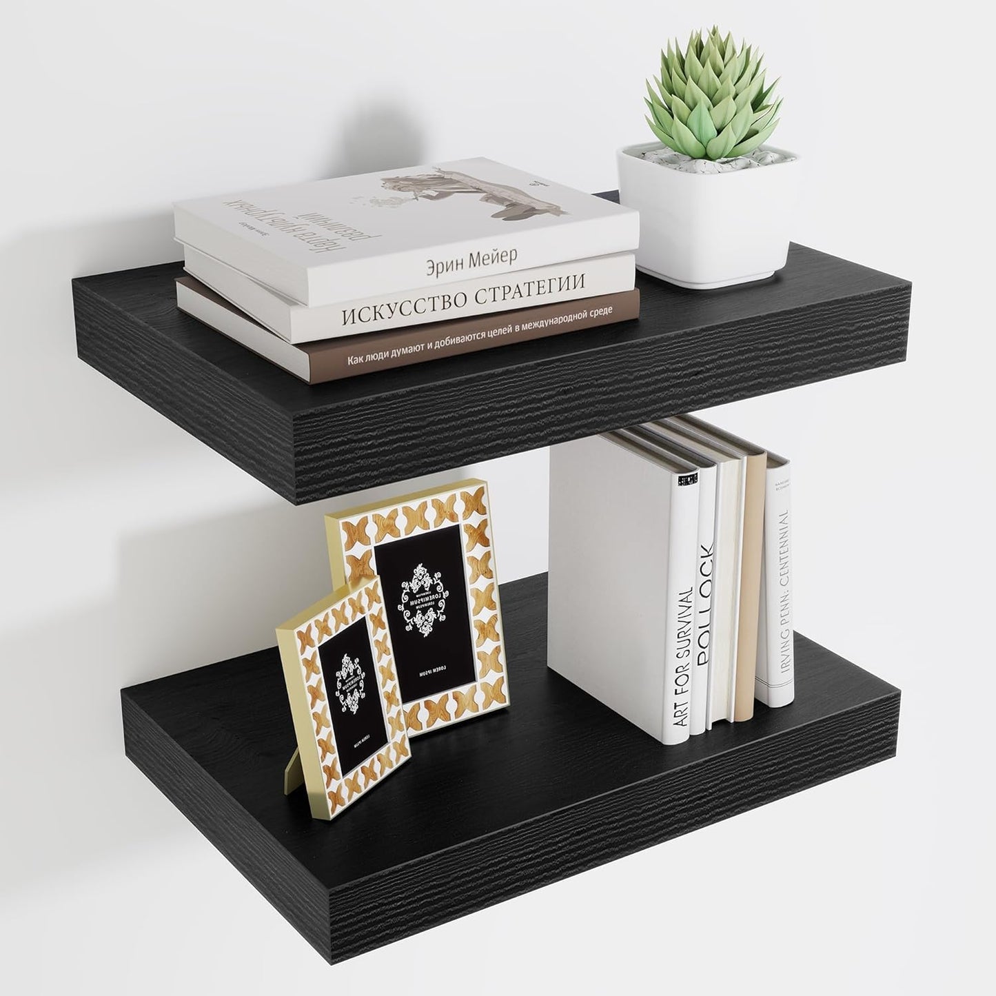 Fun Memories Black Floating Shelves for Wall - 10 x 16 Floating Shelf - Rustic Wood Storage Shelf - Wall Shelves with Invisible Bracket - 16" Bookshelves for Living Room & Bedroom - Black - Set of 2