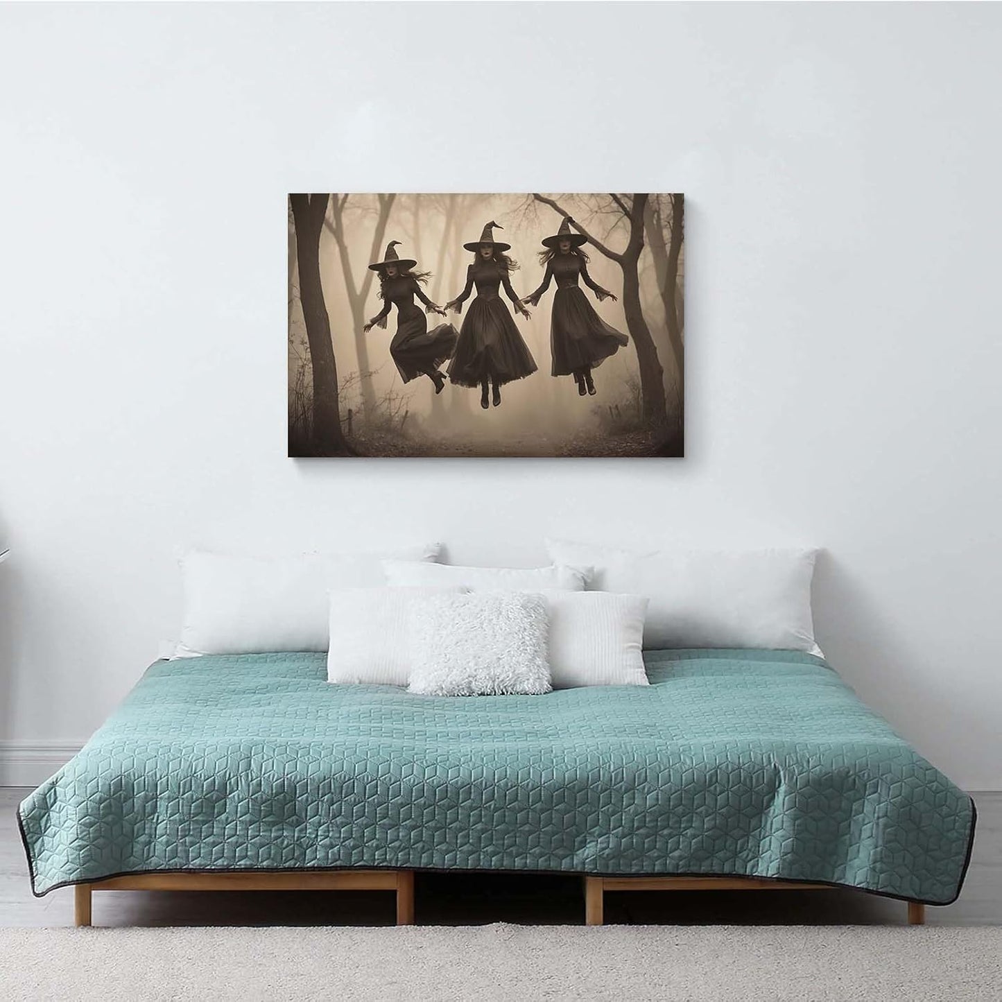 Three ghost witches flying in vintage forest gothic wall art witchcraft decoration holiday gift canvas wall art print28x40in Wood Framed