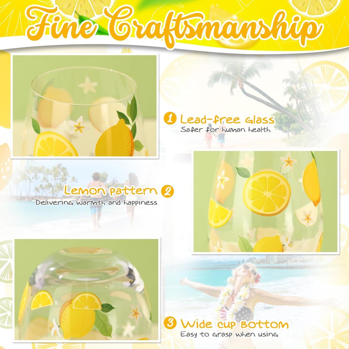 Sliner 2 Pack Lemon Stemless Wine Glasses 17oz Lemon Drinking Glasses Clear Stemless Wine Tumbler Unique Gift for Wedding, Mother's Day Birthday Drinking Party