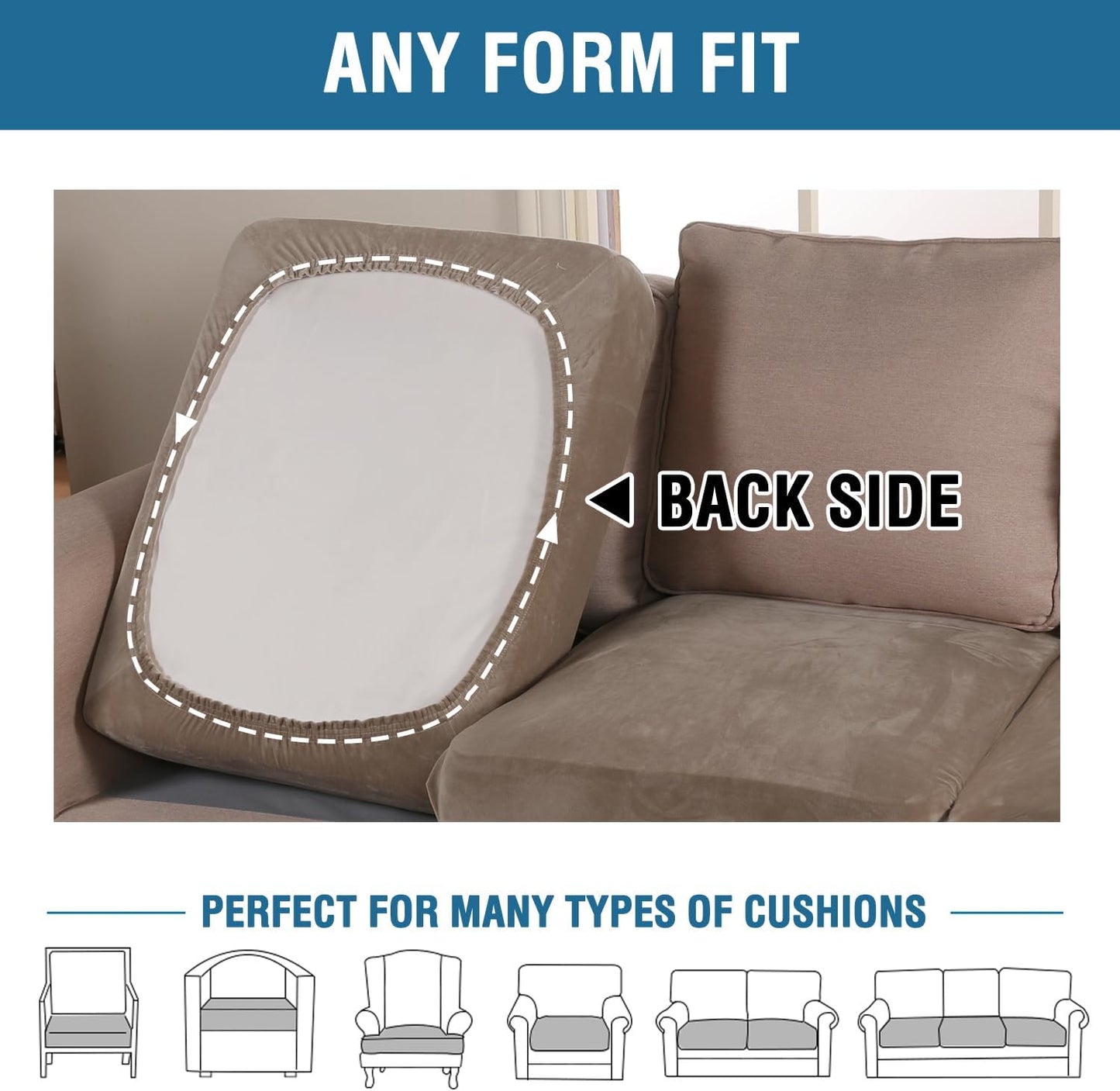 H.VERSAILTEX Velvet Stretch Couch Cushion Cover Plush Cushion Slipcover for Chair Loveseat Sofa Cushion Furniture Protector Seat Cushion Sofa Cover (2 Piece Medium Sofa Cushion Covers, Mocha)