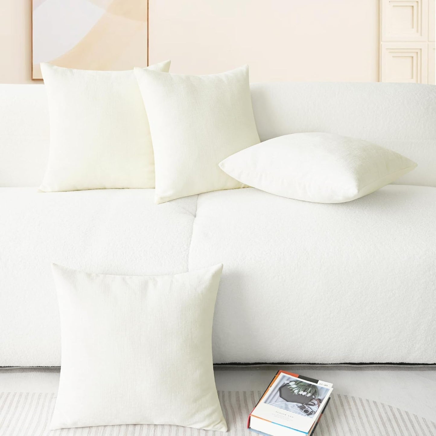 CaliTime Throw Pillow Covers Decorative 18 X 18 Inches Pack of 4 Cozy Chenille Cushion Cases for Couch Sofa Bed Living Room Home Cream