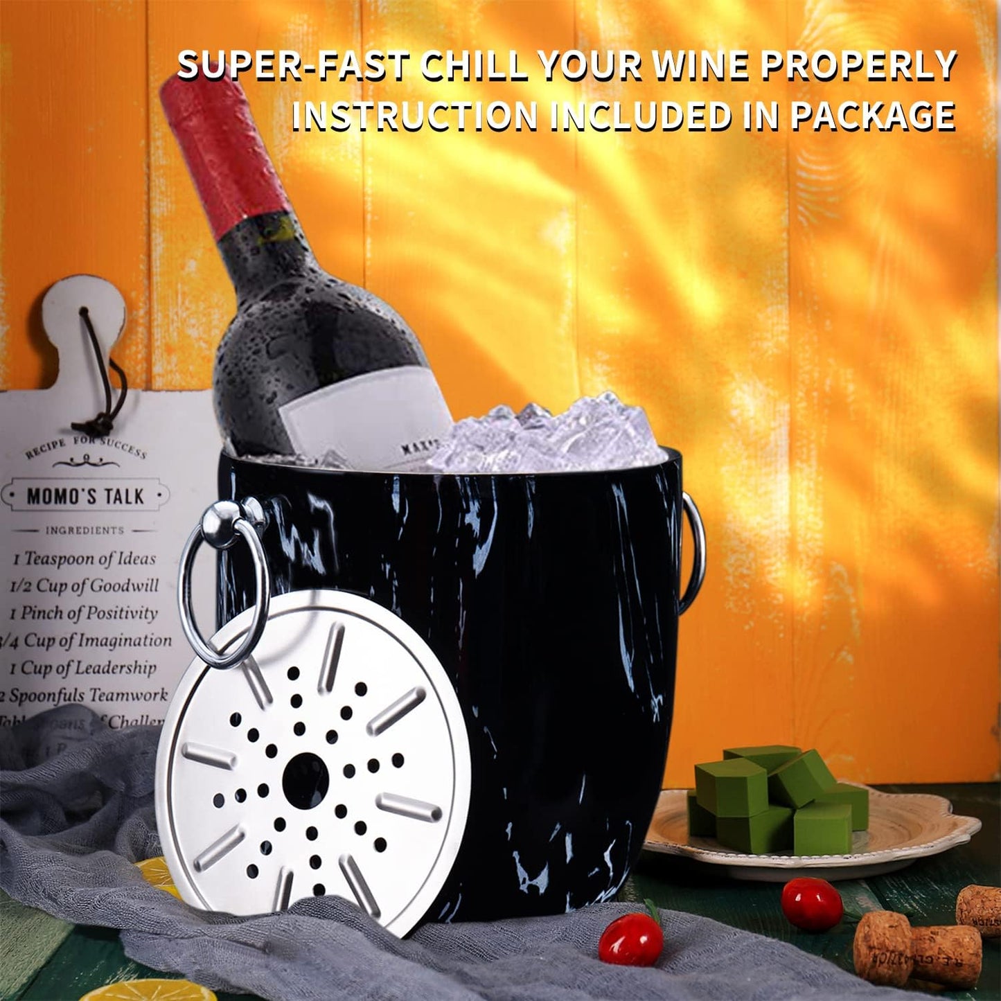 Ice Bucket with Lid, Scoop, Tongs and Strainer - Well Made Insulated Stainless Steel Keep Ice Frozen Longer - Ideal for Cocktail Bar, Parties, Chilling Wine, Champagne - 3 Liter (Black Marble)