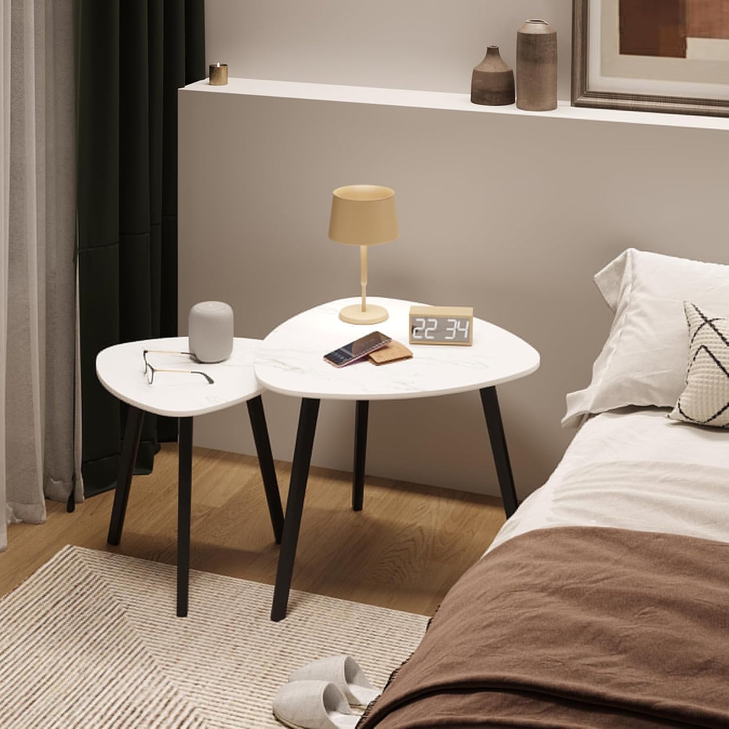 BAMEOS Bamboo Nesting Triangle End Table,Set of 2 Coffee Table Modern Minimalist Side Table for Living Room (Marble White)