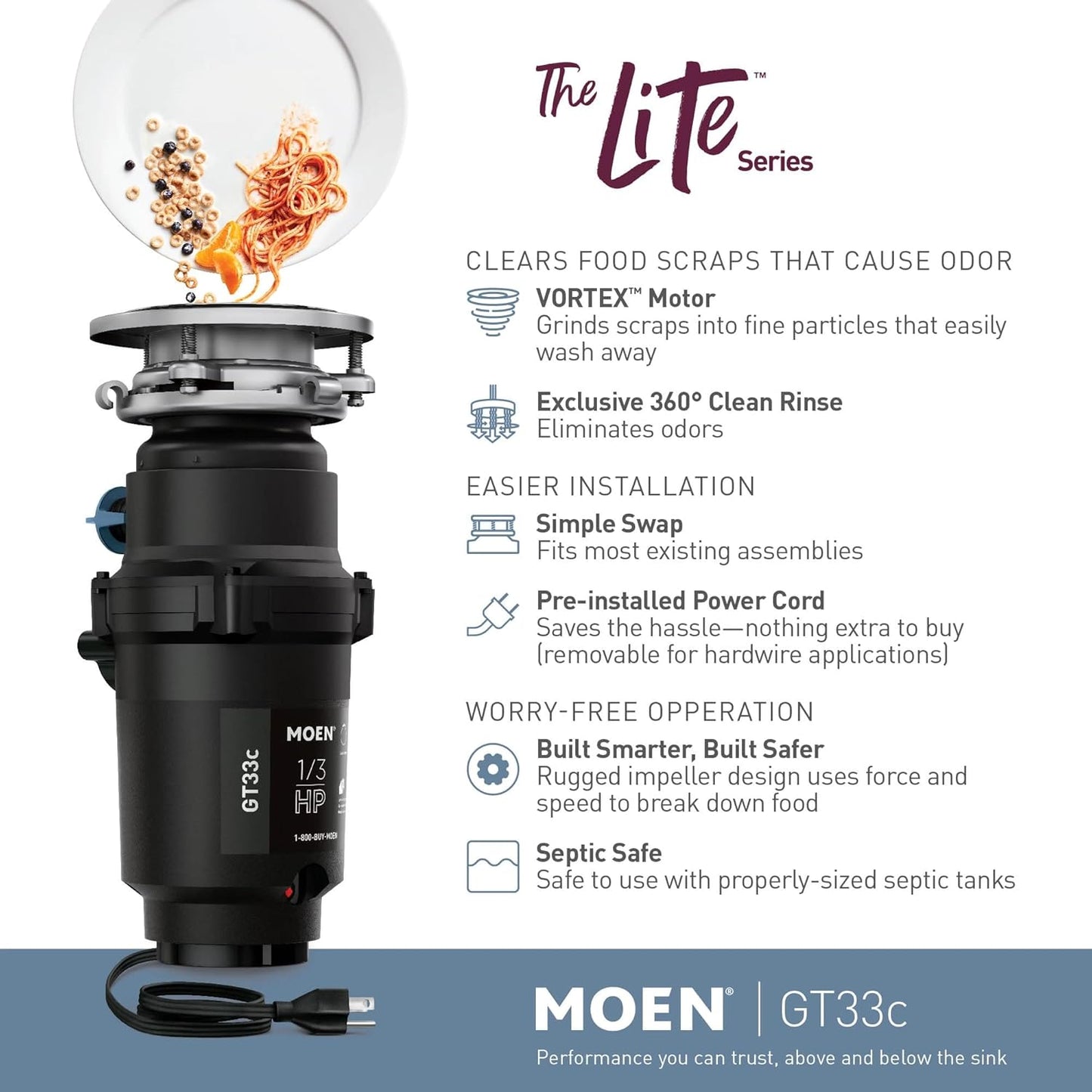 Moen GT33C Lite Series 1/3 Horsepower Continous Feed Garbage Disposal featuring Fast Track Technology, Power Cord Included