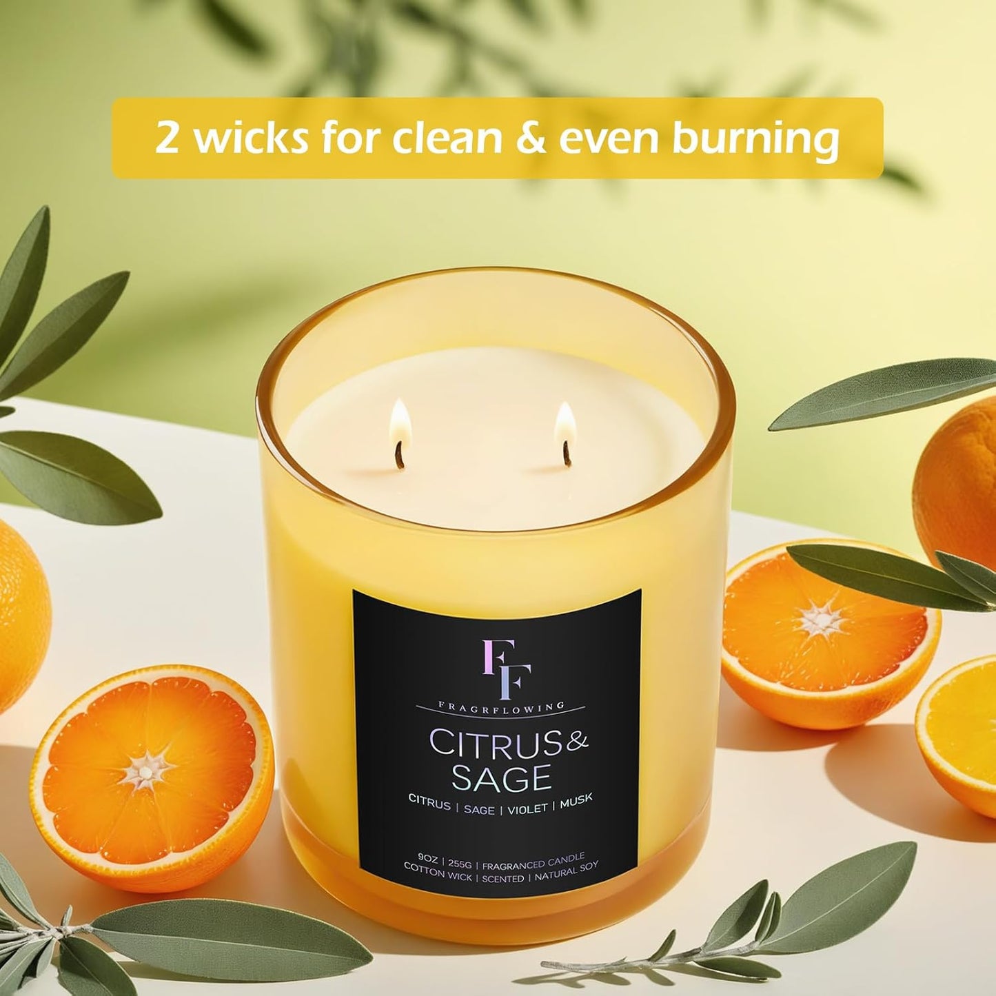 Citrus & Sage Scented Candle, 2-Wick Luxury Soy Wax Candle, 9 oz Aromatherapy Candle Home Fragrance Candles Gift