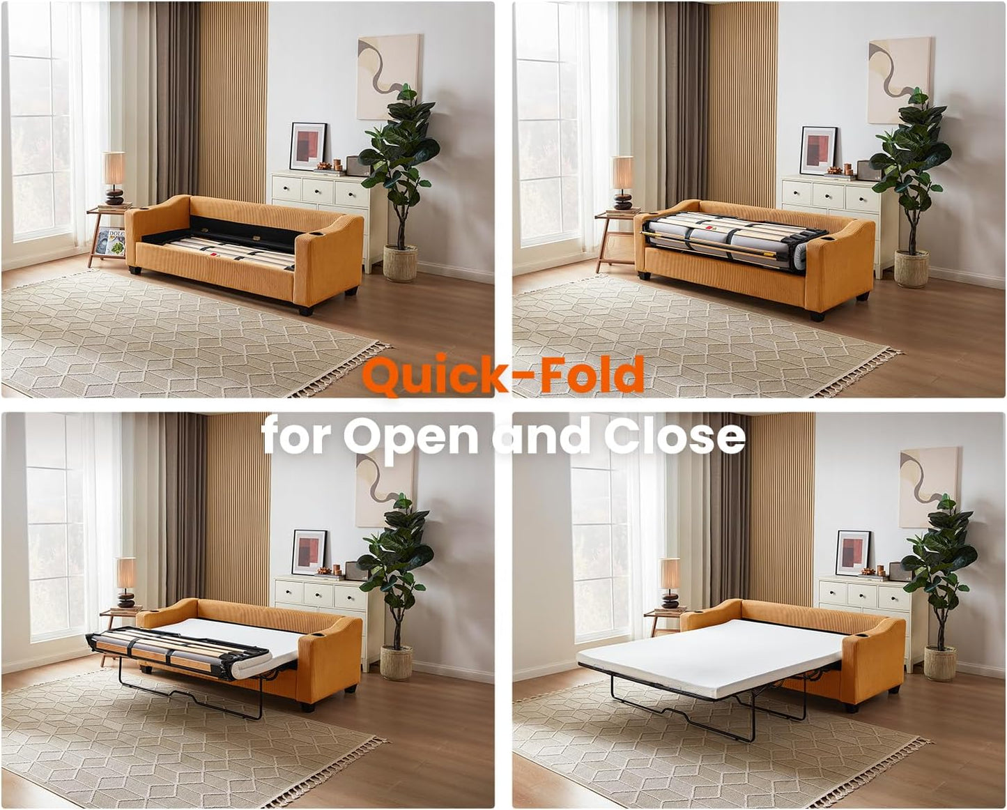 Pull Out Sofa Bed, Full Size Sleeper Sofa, 2-in-1 Convertible Corduroy Couch with USB Charging, Memory Form Couch for Living Room, Apartment and Small Space (Mustard Yellow, Corduroy - Queen Size)