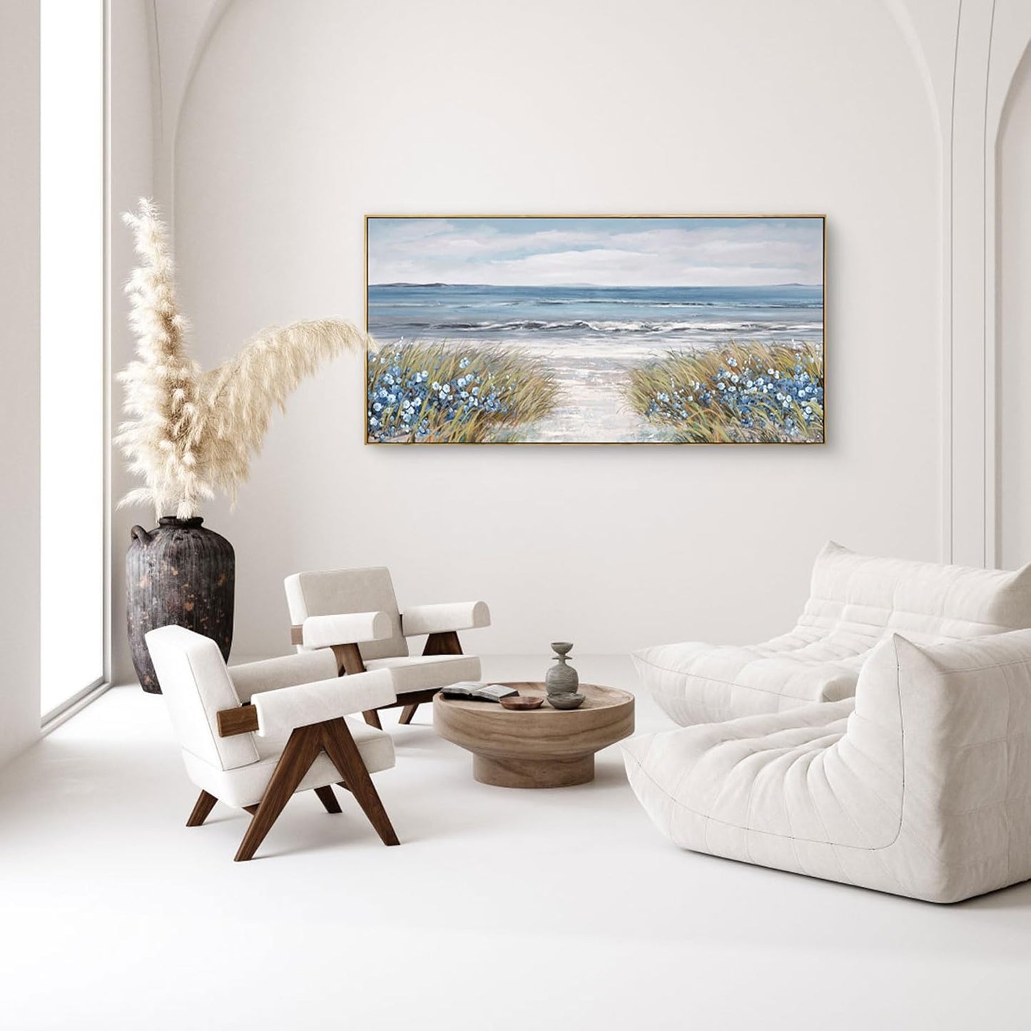 XLSJERST Framed Wall Art for Bedroom Decor - Farmhouse Boho Beach Coastal Vintage Floral Ocean Wall Picture Daisy Flowers Sea Canvas Print Nautical Neutral Seascape Artwork for Home Living Room