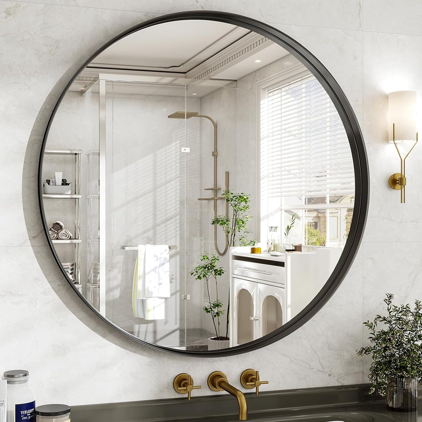 48 Inch Round Bathroom Mirror - Wall Mounted Circle Mirror with Metal Frame, Modern Mirror Suitable for Bathroom, Vanity, Entryway, Living Room, Wall Decor,Black