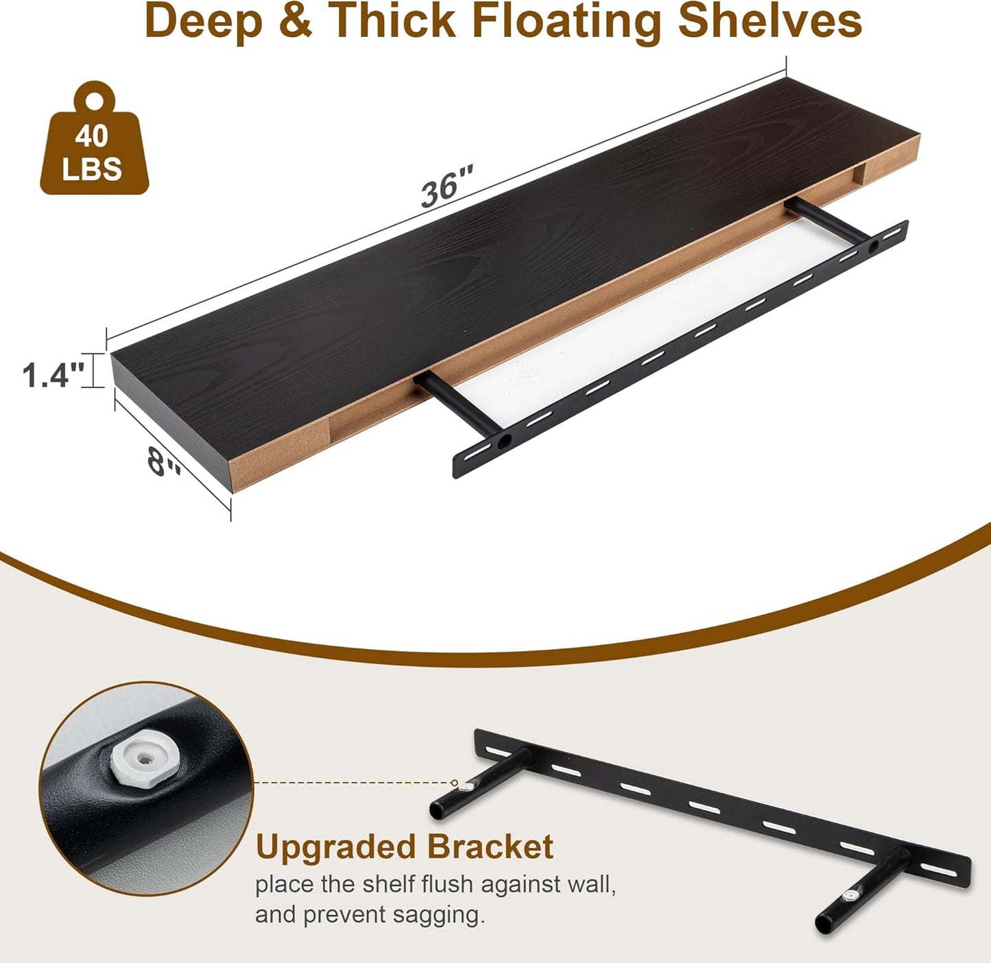 Fun Memories Black Floating Shelves 36 Inch Long, 8 Inch Deep Floating Shelf for Wall, 36" W x 8" D Wall Shelves Set of 2, Black Deep Floating Shelves for Bedroom, Living Room, Kitchen