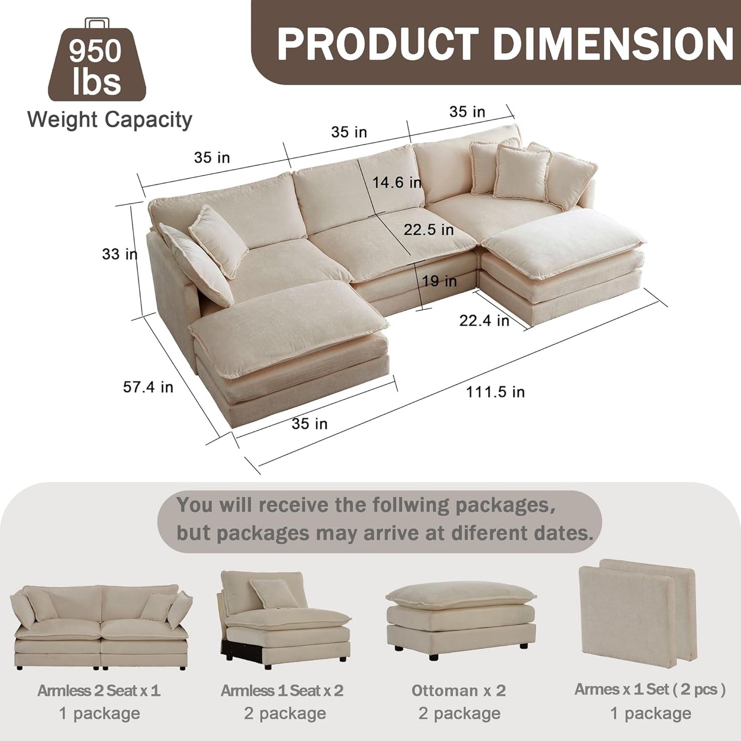 Sectional Sofa 3 Seater with Movable 2 Ottomans,Oversized Modular Couch Deep Seat (Light Coffee, 111.5 inch-U)